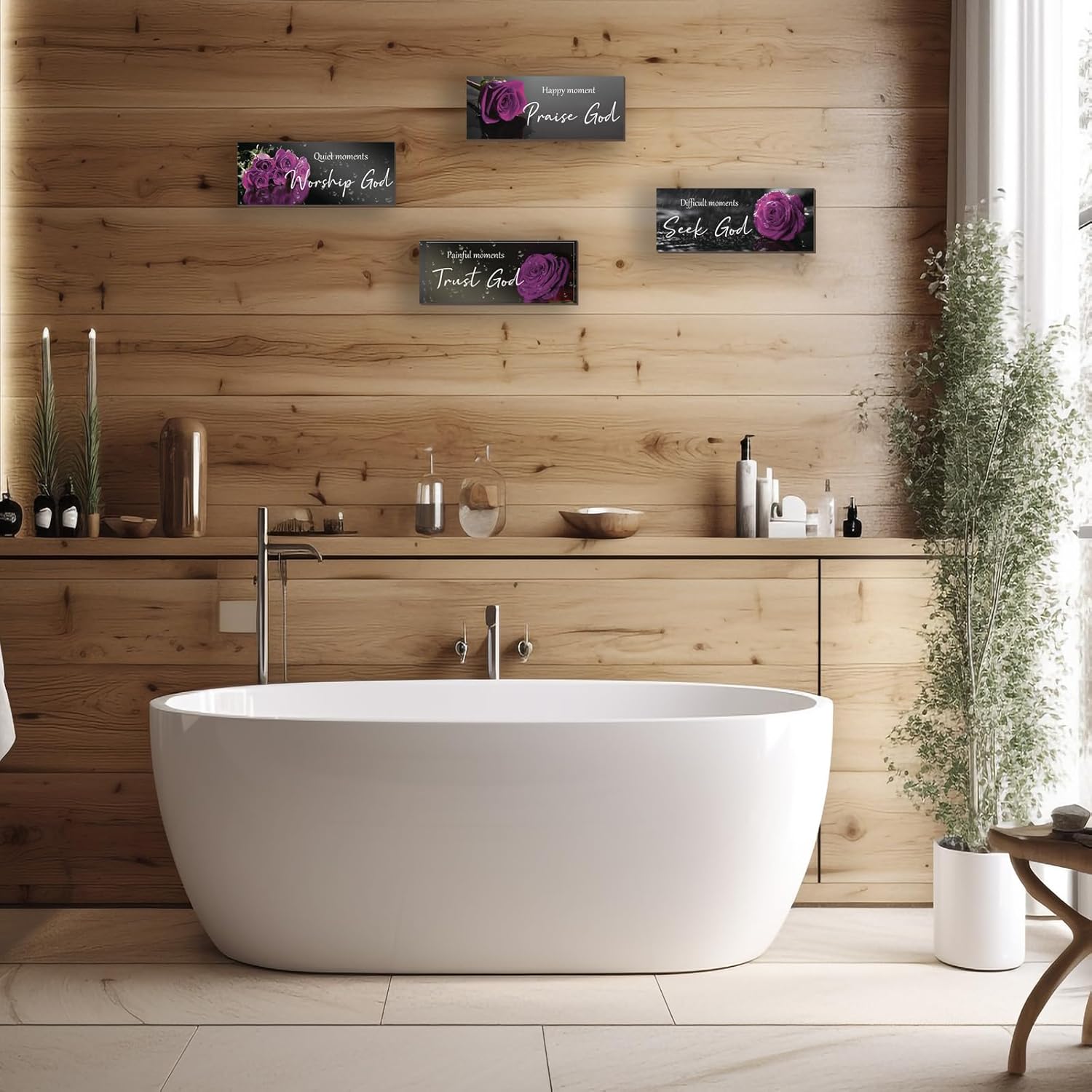 4pcs Purple Bathroom Decor Religious Wall Art Bible Verse Inspirational Rose Wall Decor Rustic Wooden Christian Sign for Home, Bathroom, Office, Bedroom, Living Room, Kitchen (10x4) thumbnail