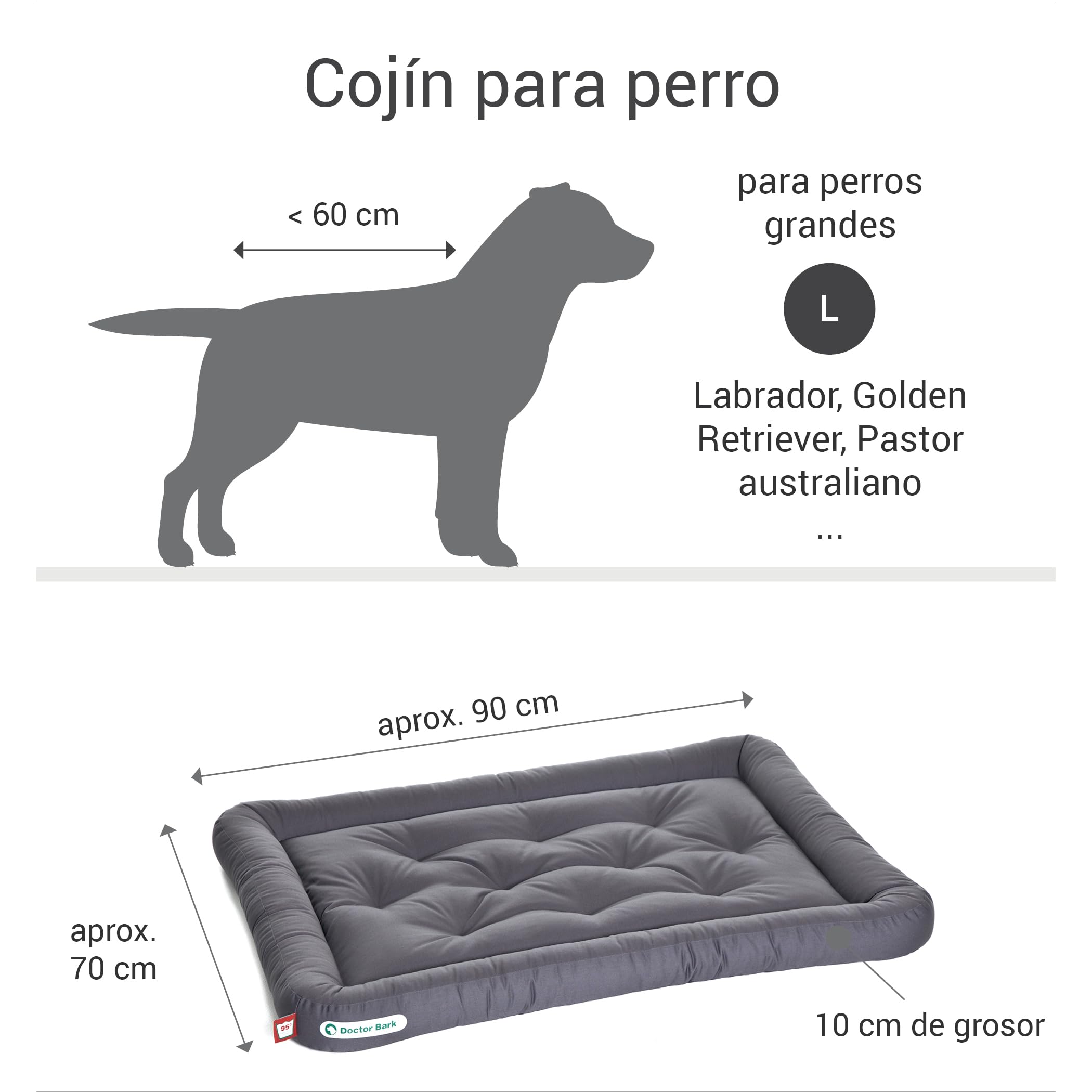 Doctor Bark Cojín para perros – Cama ortopédica para perros, lavable a 95 °C, higiénico, resistente y cómodo (L – 90 x 70 cm, gris)