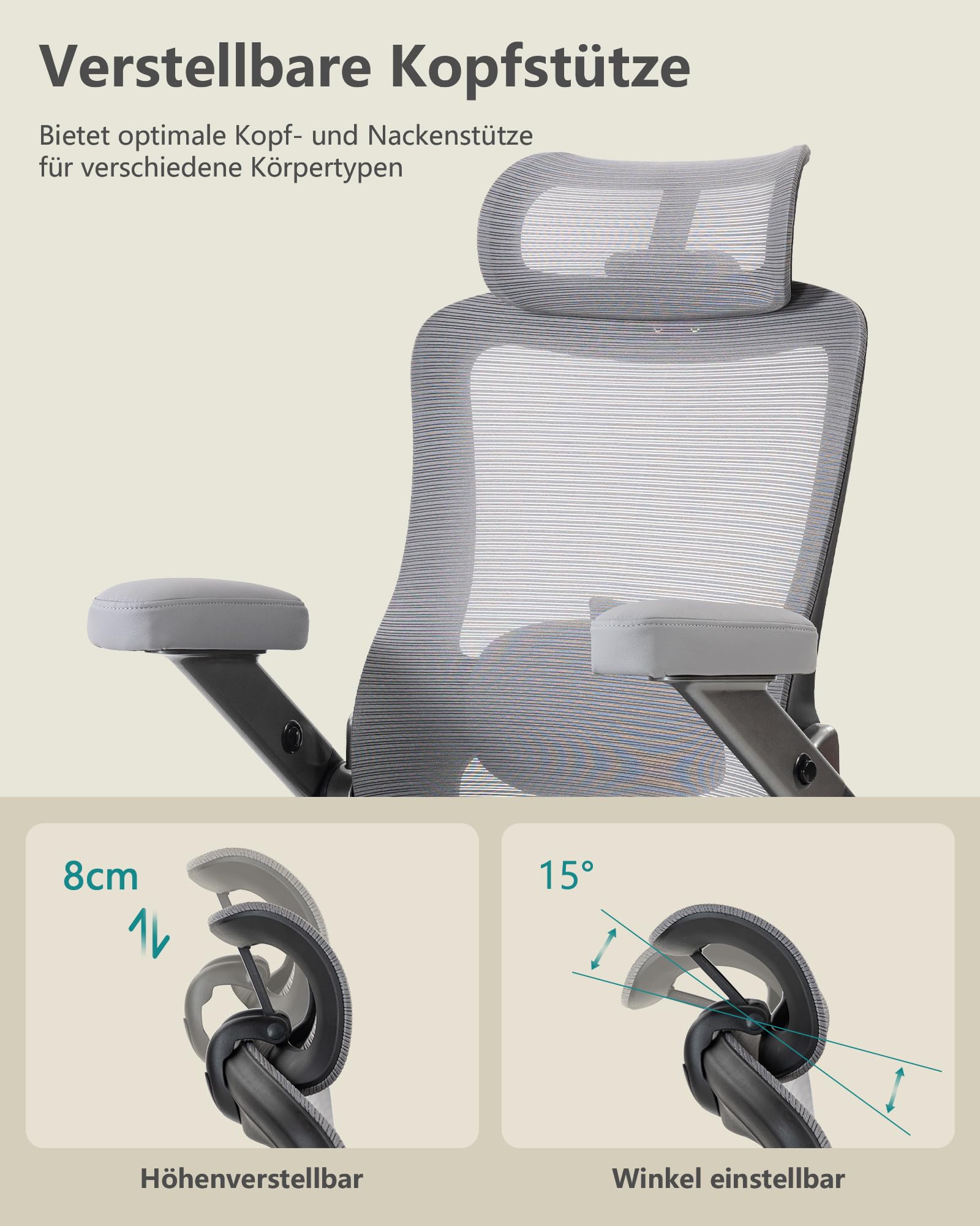 Ergonomischer Bürostuhl mit Lordosenstütze & Kopfstütze, bis 350 kg belastbar, Höhenverstellbar, Mesh-Rückenlehne mit Kippfunktion, Verstell- & Klappbare Armlehnen, Breiter Sitz, Grau