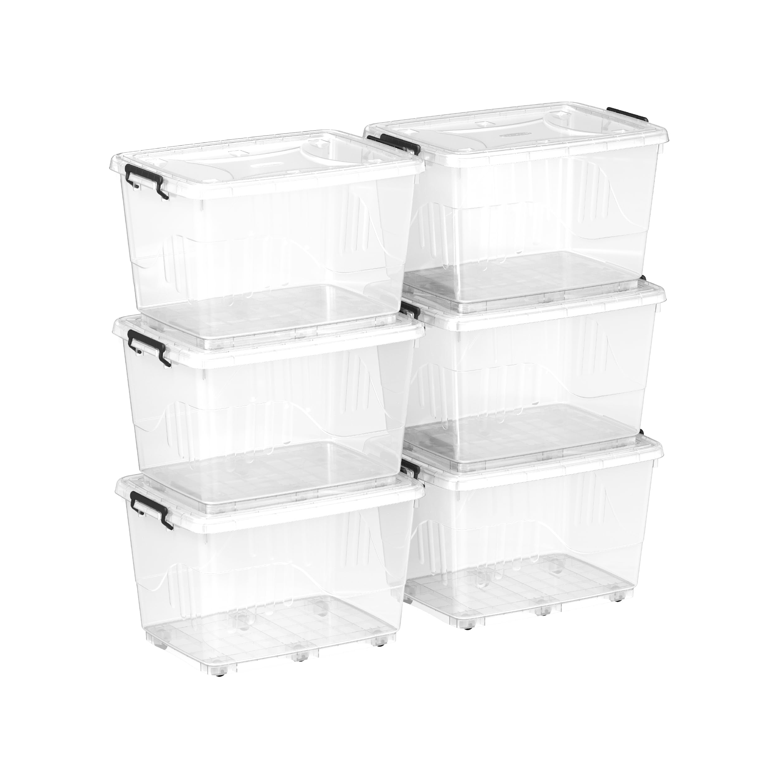 Cosmoplast 82L Clear Plastic Storage Box with Wheels & Lockable Lid Set of 6