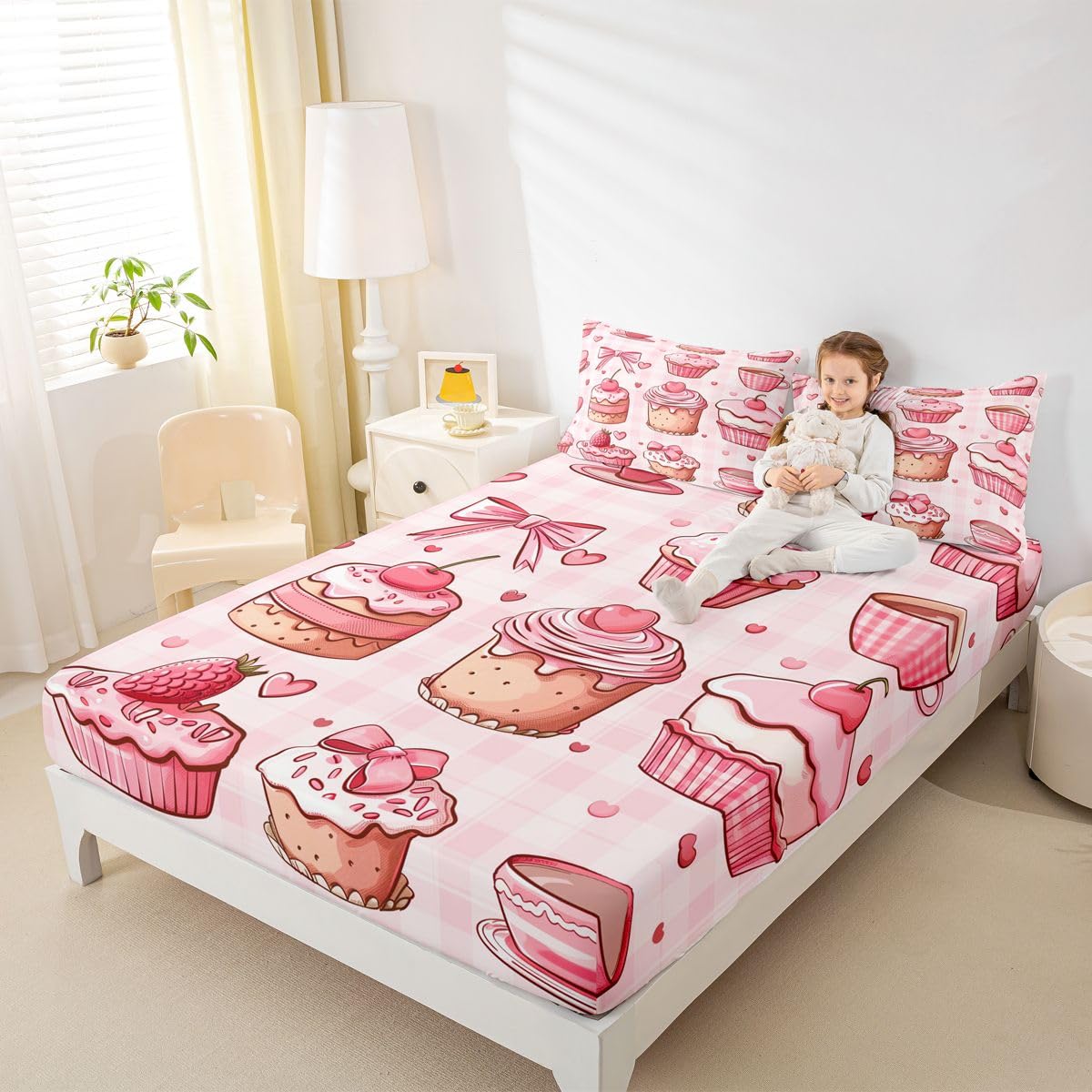 Manfei Juego de sábanas bajeras de 3 piezas, diseño de pastel de chocolate con diseño de tartán geométrico y lazo de fresa, 3 piezas, bonitas sábanas románticas con 2 fundas de almohada, decoración de