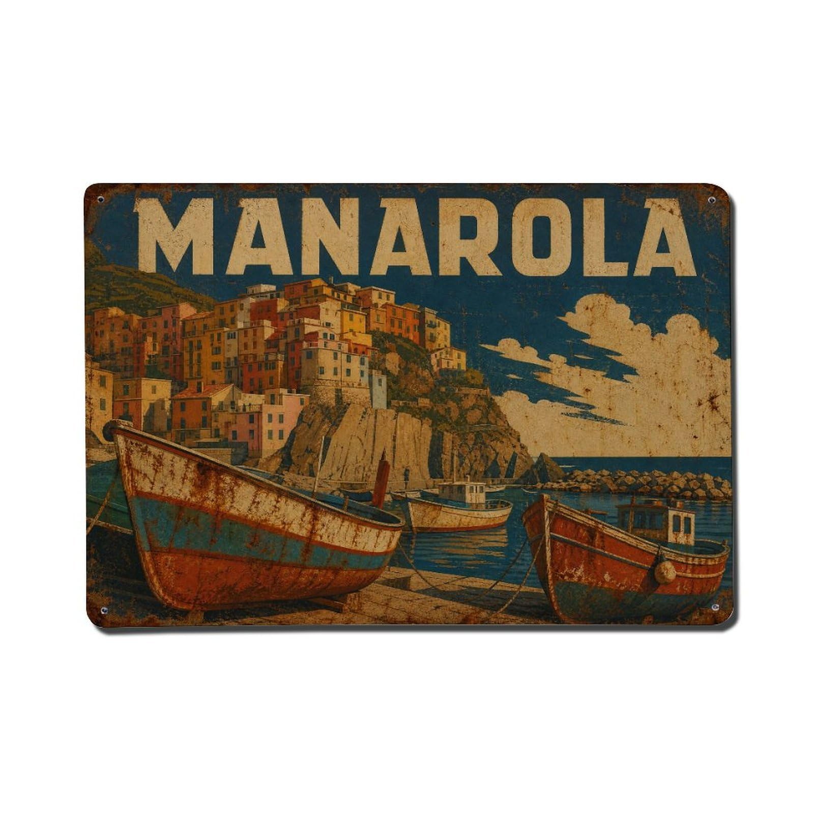 Vintage Travel Manarola Harbor Boats Colorful Vessels Italy Metal Tin Sign