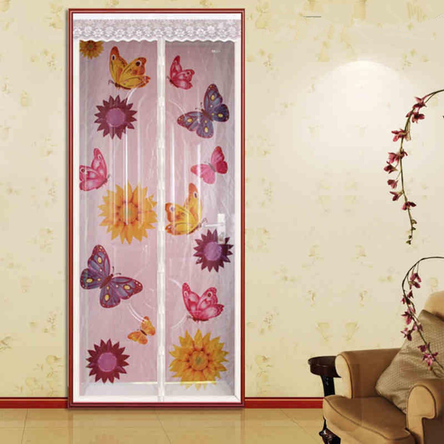 FUYA New Magnetic Door Screen Magic Sheer Curtains Anti-Mosquito Net Insect Screen Mosquito Curtain Mesh Spring Item Butterfly With Sunflowers (90X210CM(35.43X82.68inches), White)