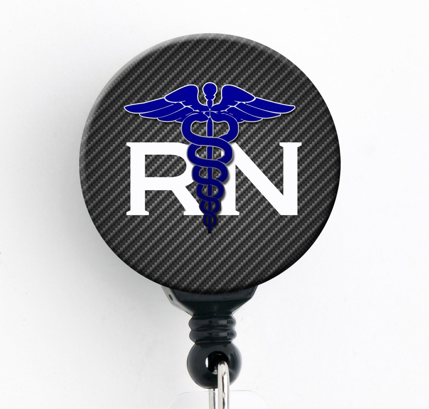 RN Carbon Fiber Caduceus Badge Reel - 34 Inch Retractable Cord With Swivel Clip
