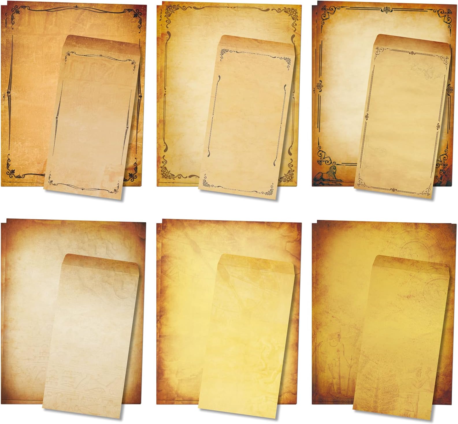 Anzon Mories Realistic Parchment Stationery Paper Envelope Set, 48 Pieces Writing Stationary 8.5" x 11" with 24Pcs Self-Sealing Envelopes, Printer Friendly, 6 Antique Vintage Design Aged Old Looking