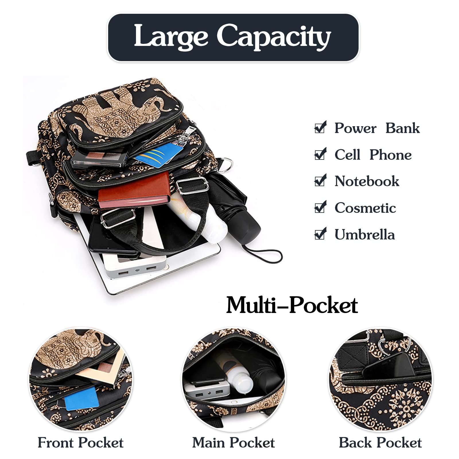 Bolso Bandolera de Mujer Mochila Pequeña Casual Bolso de Hombro Multibolsillos Nylon Bolsos Cruzados Daypack para Trabajo Viaje Uso Diario