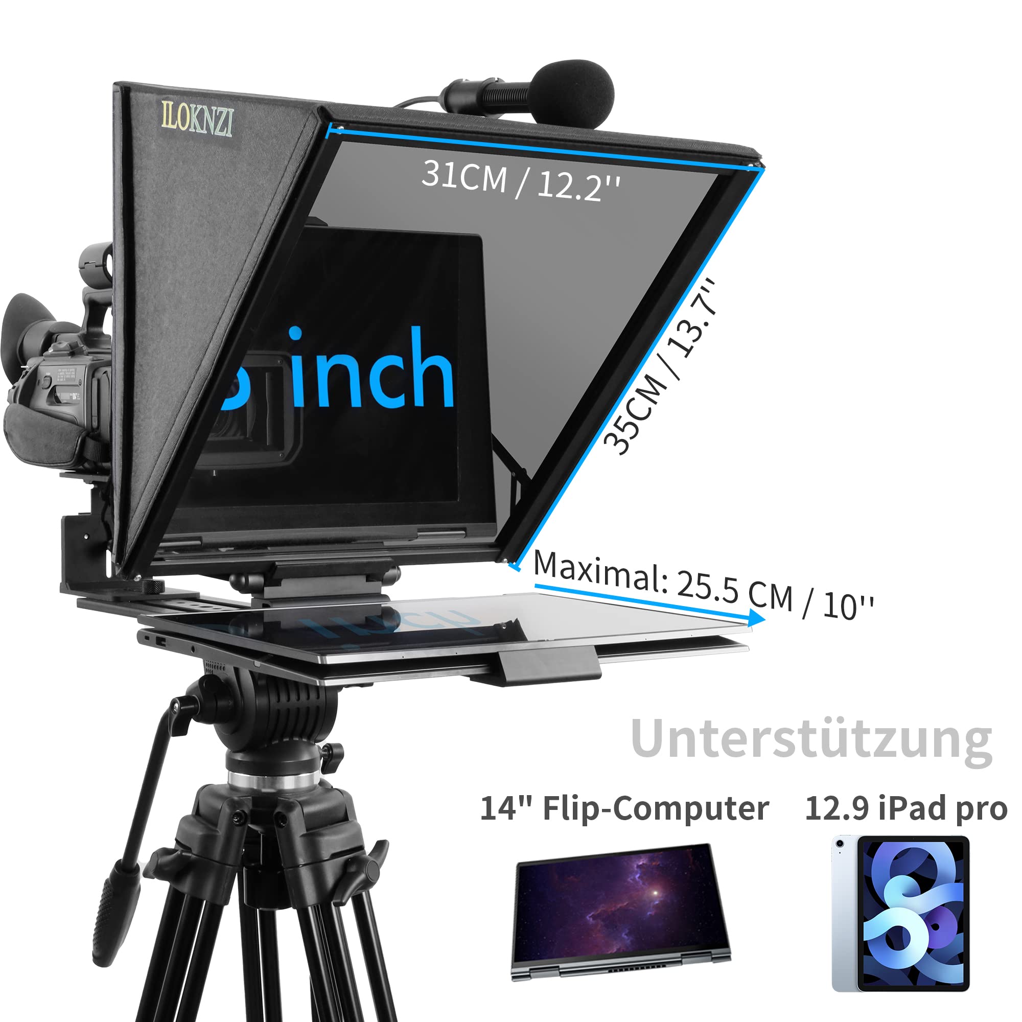 Teleprompter giratorio de 18 pulgadas con mando a distancia Bluetooth y software de etiquetado, herramienta de grabación de vídeo y videoconferencia adicional