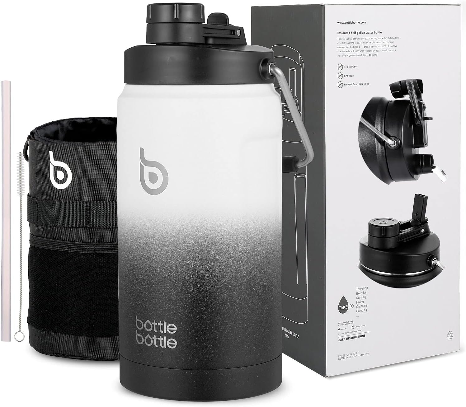 BOTTLE BOTTLE Insulated Water Bottle 64 oz with Straw and Dual-use Lid Half Gallon Water Jug Vacuum Stainless Steel for Workout and Sports Insulated Beer Growler with Handle(White Black)