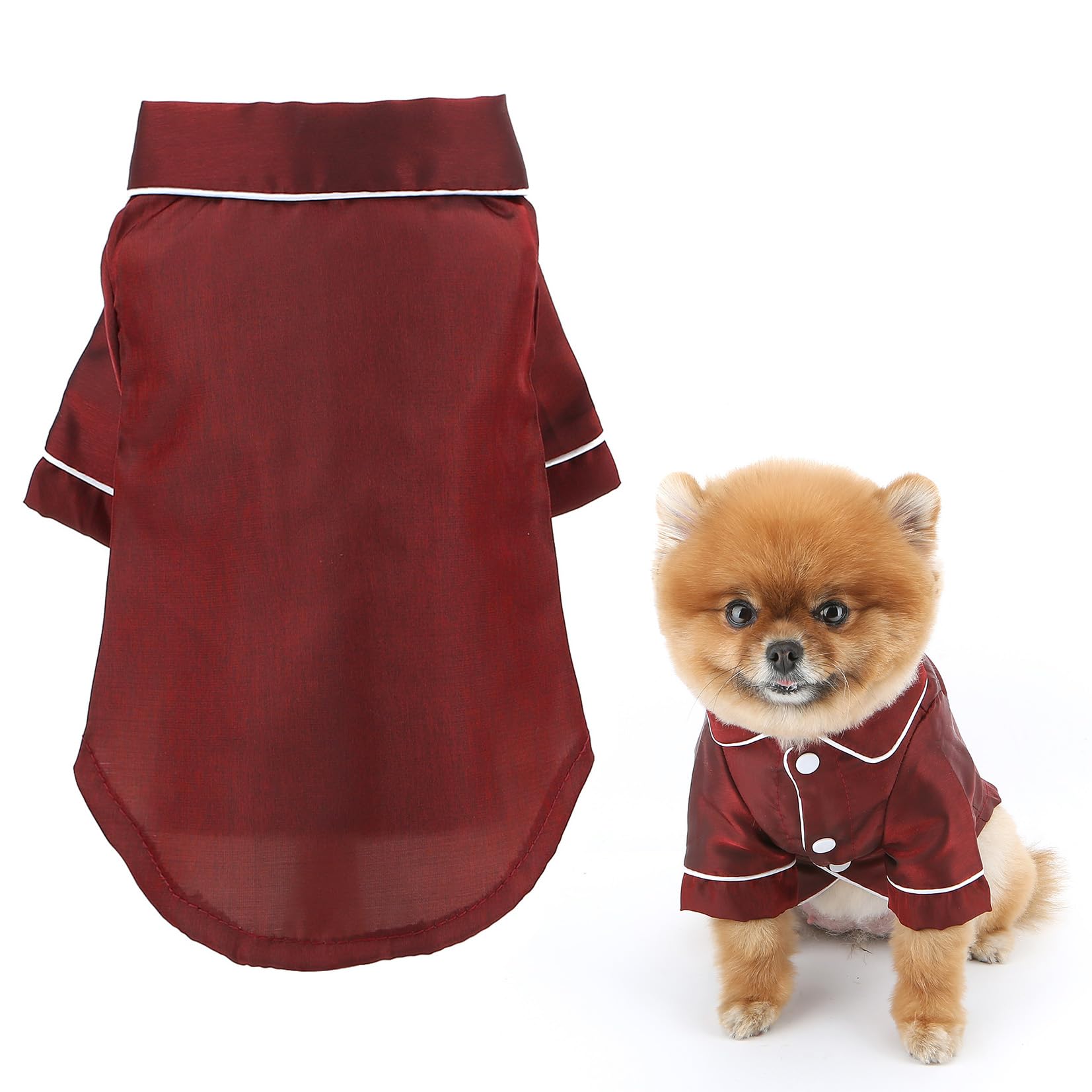 SMALLLEE_LUCKY_STORE Soft Solid Shimmer Satin Dog Pyjamas for Small Medium Dogs Cats Pet Sleepwear Shirt Two Leg Comfortable Pajamas Chihuahua Yorkie Puppy Kitten Basenji Clothes Burgundy XS