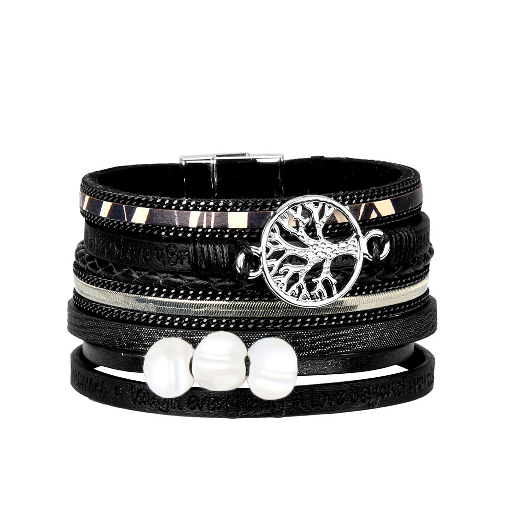 GelConnie Leather Bracelets for Women Bohemian Jewelry Boho Wrap Bracelets Tree of life Leather Cuff Bangle Baroque Pearl Bracelets Braided Multi Strand Bracelet for Wife Birthday Gift