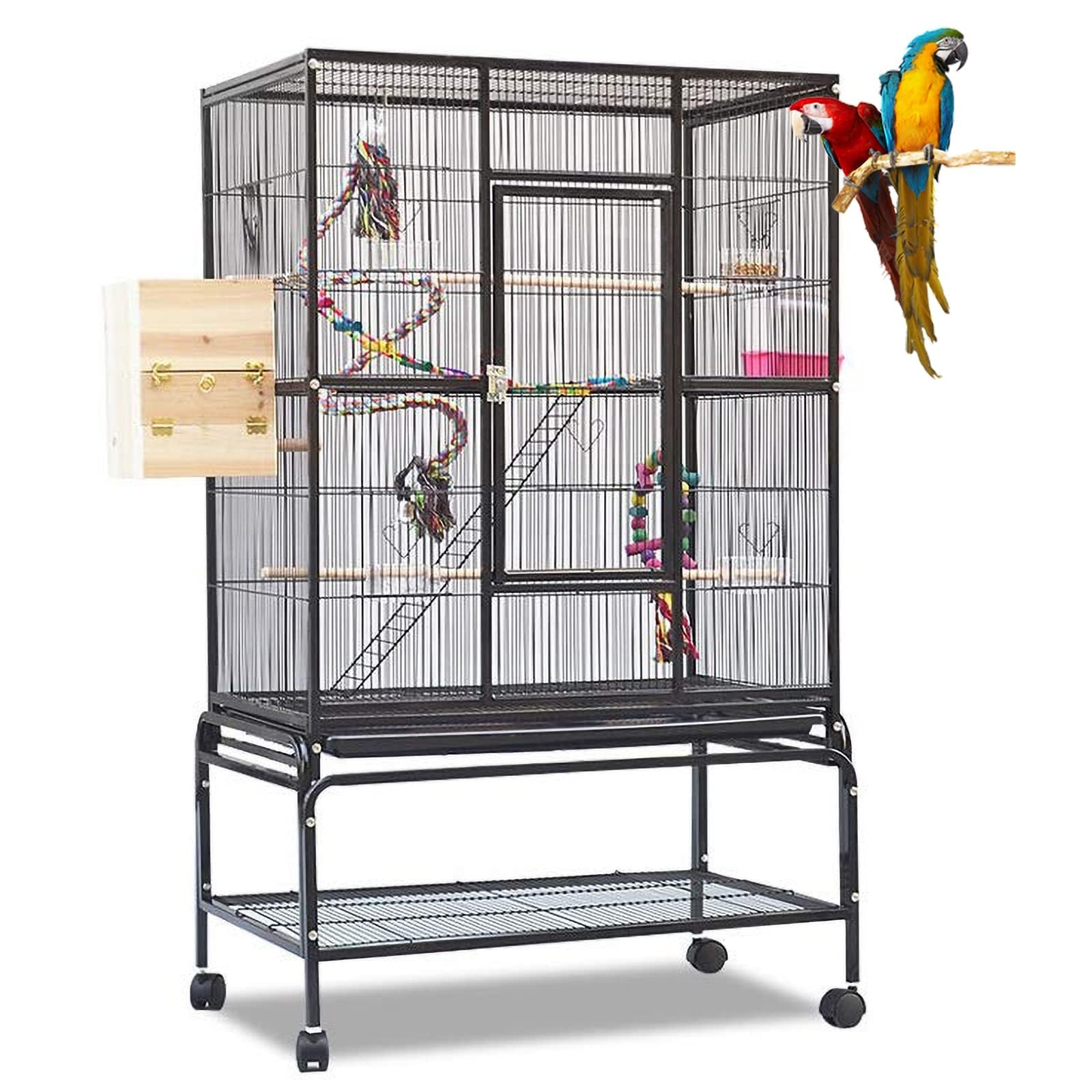 Nido de Jaula para pájaros de Hierro, Jaula de exhibición para Mascotas, Jaula para periquitos Lovebird, Jaula para pájaros para Mascotas con Escalera, Juguetes y Ruedas Colgantes,Black