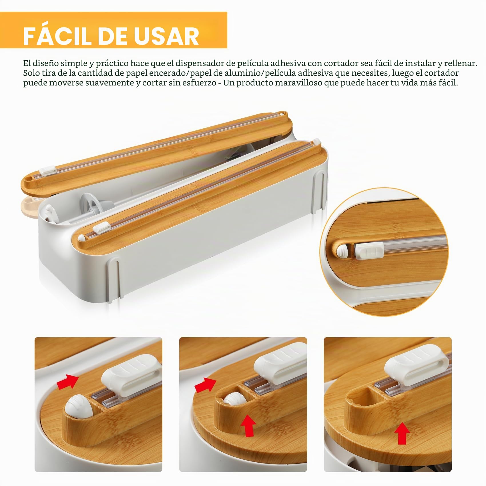Dispensador Papel Aluminio y Film con Portarrollos Cocina - Organizador Mejorado Magnético de Papel Film Transparente con 50 Metros Film de Plástico, Soporte Papel Cocina 3 en 1, Blanco
