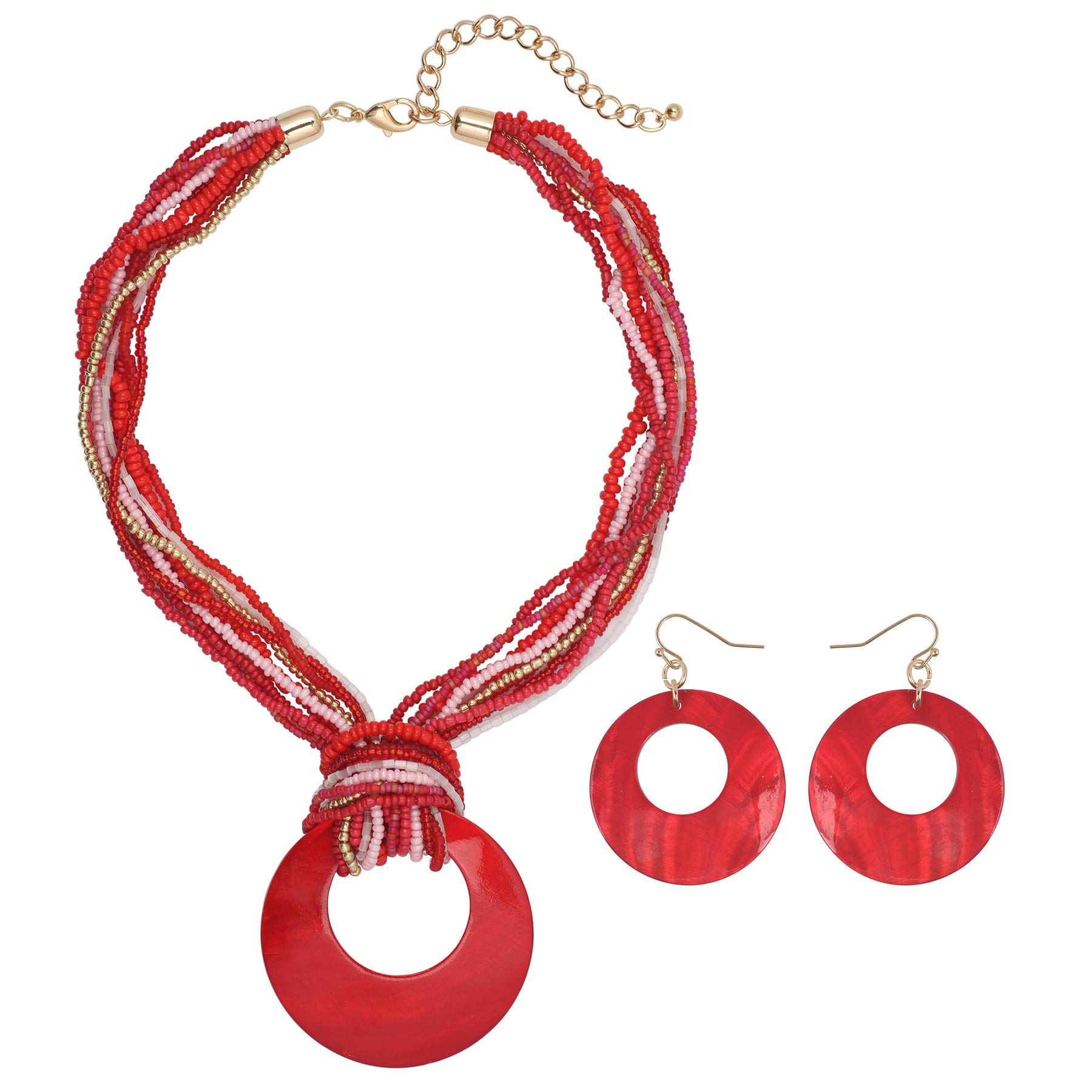 Coiris Multi Strand Statement Colorful Beaded Necklace with Big Circle Shell Pendant for Women