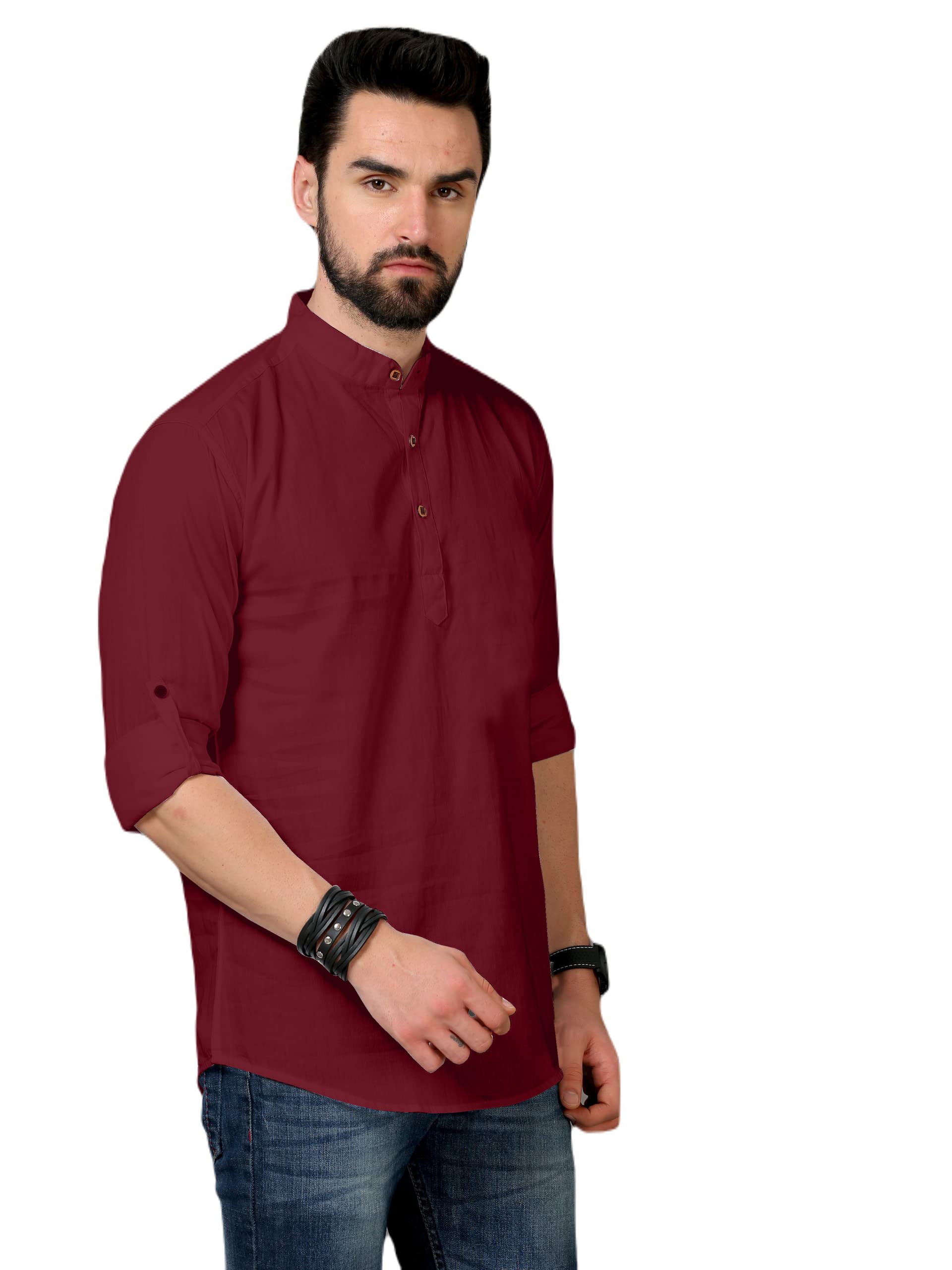 LeqvioMen's Classic Collar Short Sleeve Lightweight Regular Fit Casual Wear Solid Kurta (S_7486)