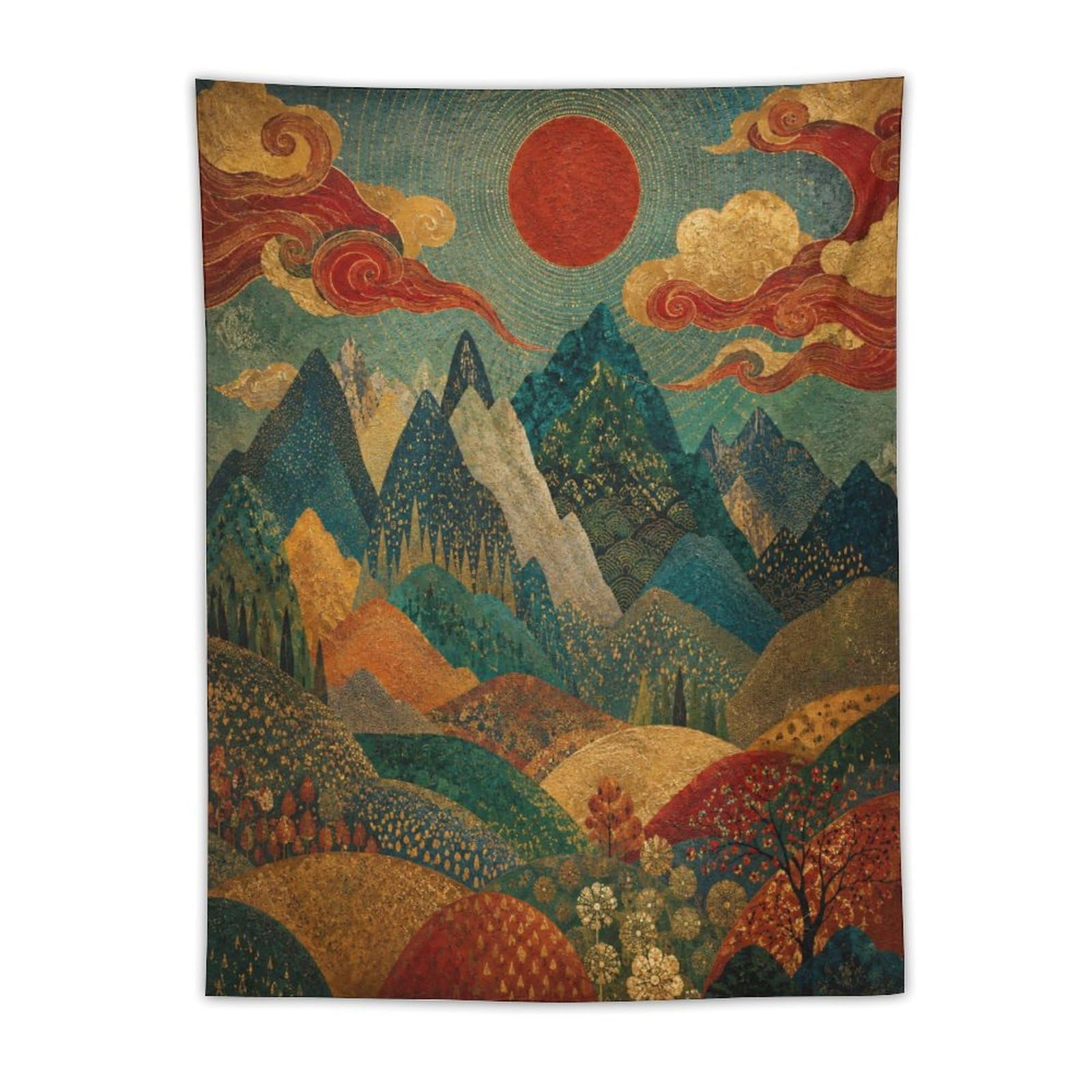 H3B8U2Y5 Mountain Valley Sunrise Wall Tapestry, Ukiyo-e Style, Dorm Room
