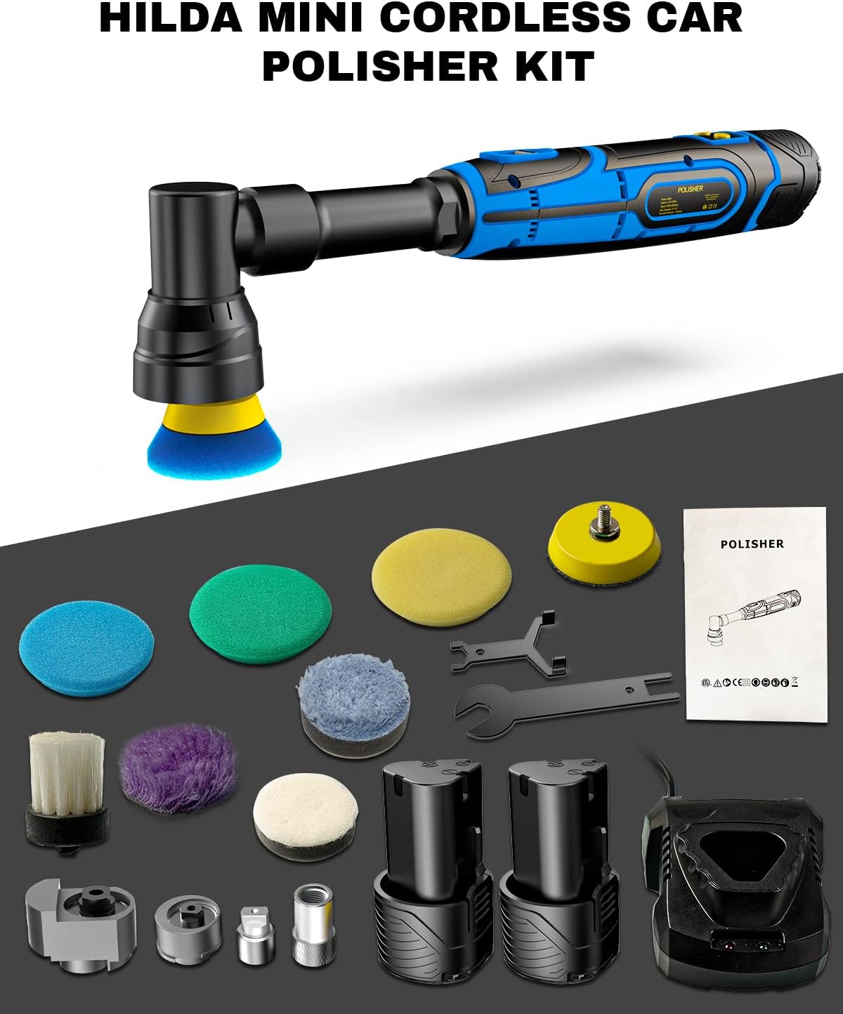 HILDA Mini Polisher,Cordless Polisher Used for Car Detail Processing and Polishing,Car Polisher with 5 Variable Speed 2500-6000RPM, 2 Batteries and 1 Battery Charger (1.5)