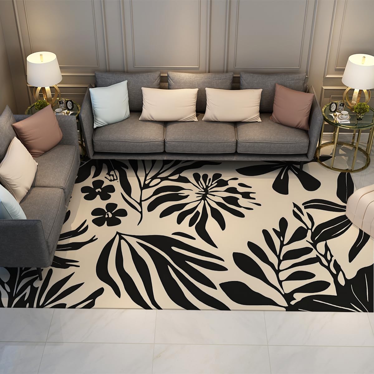 Tapis salon 120x150cm noir beige imprimé abstrait botanique
