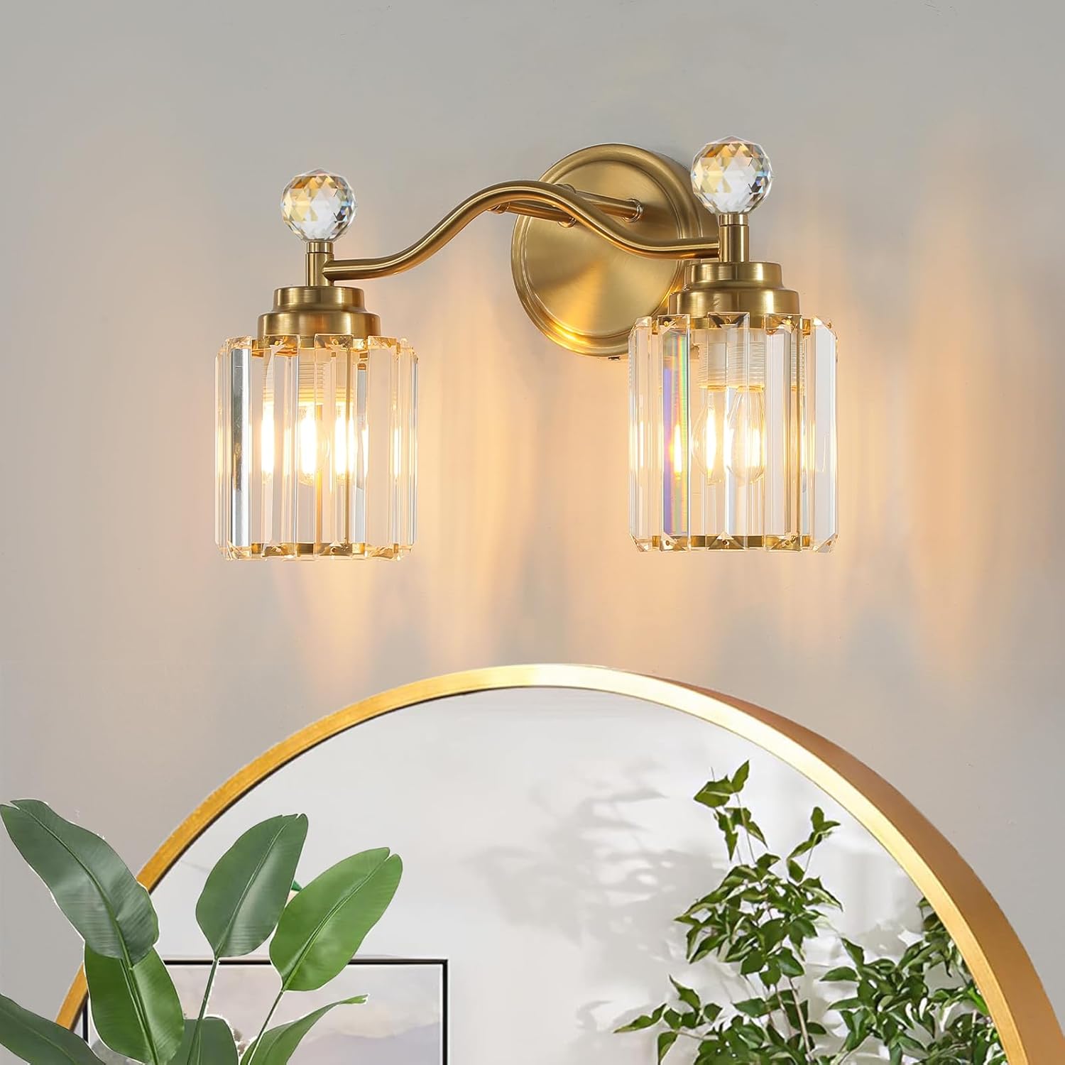 2 Light Gold Brass Vanity Light Fixture,Bathroom Light Fixture Over Mirror,Crystal Lampshade,Modern Luxury,E26 Base