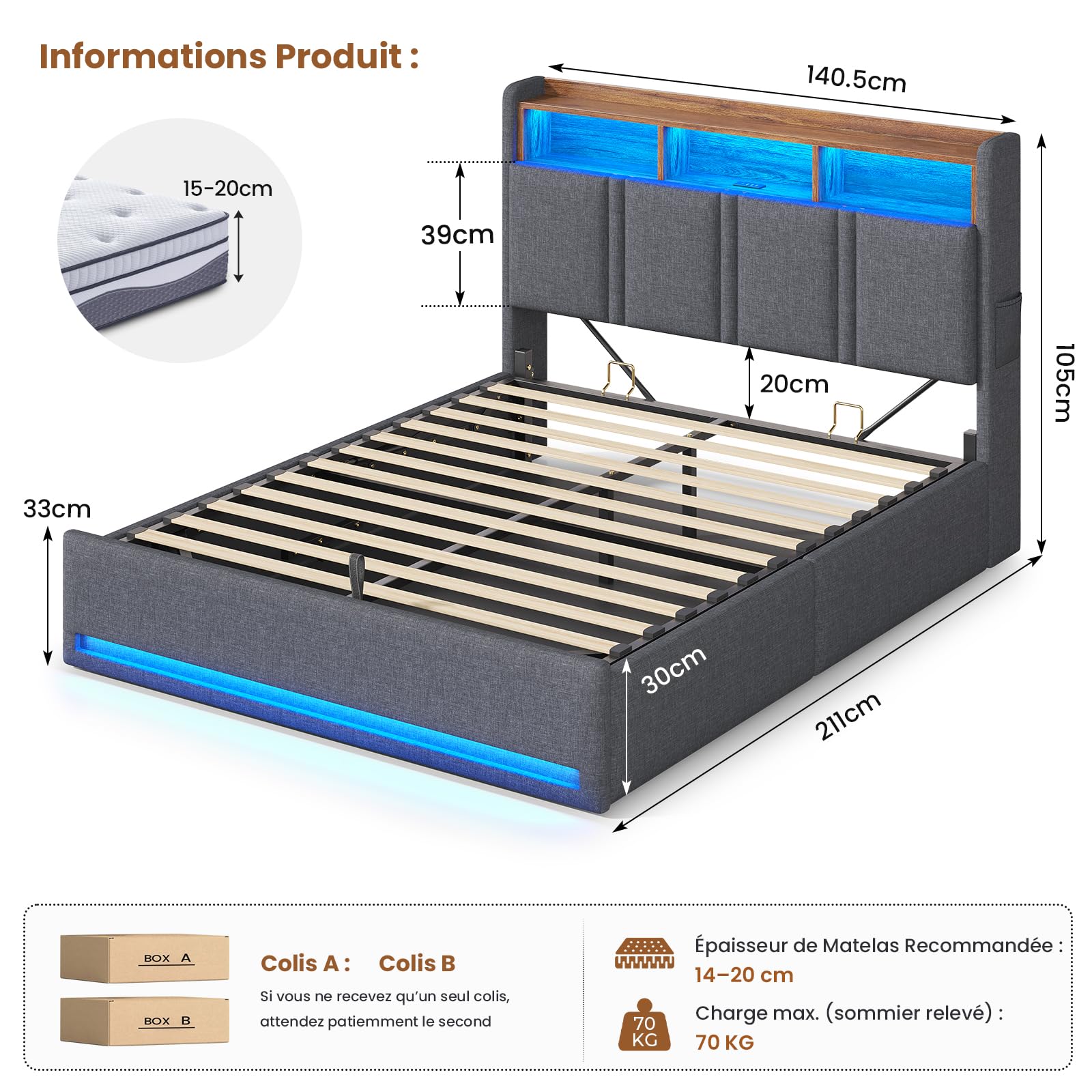 AOGLLATI Lit Coffre 140x190 avec Rangement Hydraulique, Lumières LED et Prise, Tête de Lit avec 3 Étagères Ouvertes & Compartiment Caché, Sommier à Lattes, Lit 2 Personnes, Sans Matelas,Lin Gris Foncé