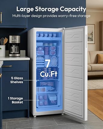 Upright Freezer 7.0 Cu.Ft, Convertible Stand Up Freezer or Refrigerator, Large Capacity with 5 Adjustable Shelves & Reversible Door, Upright Fridge for Home, Garage, Apartment