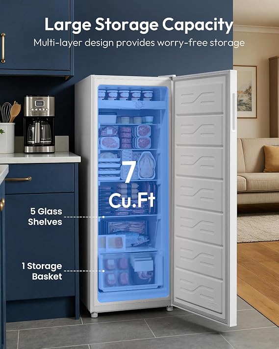 Upright Freezer 7.0 Cu.Ft, Convertible Stand Up Freezer or Refrigerator, Large Capacity with 5 Adjustable Shelves & Reversible Door, Upright Fridge for Home, Garage, Apartment