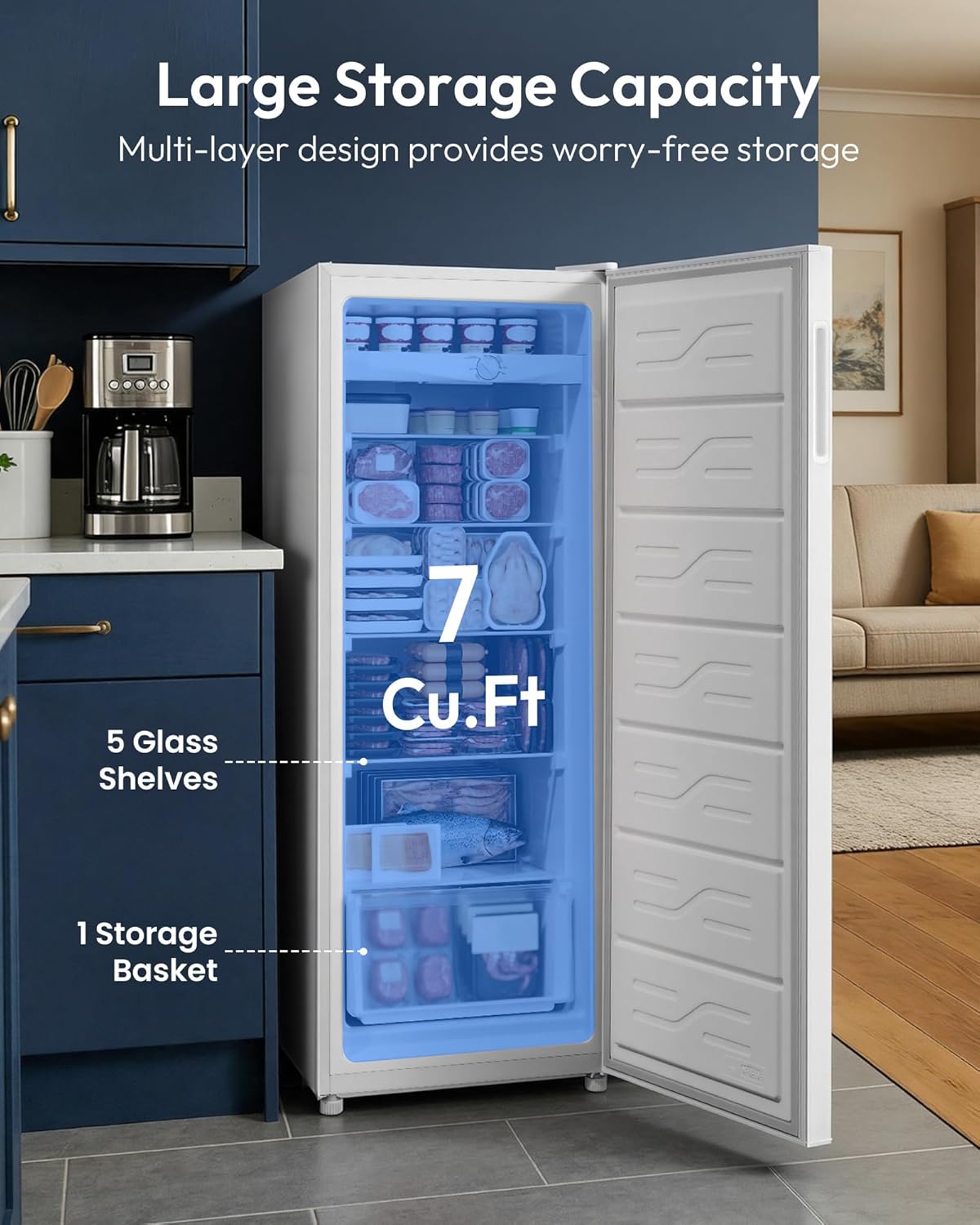 Upright Freezer 7.0 Cu.Ft, Convertible Stand Up Freezer or Refrigerator, Large Capacity with 5 Adjustable Shelves & Reversible Door, Upright Fridge for Home, Garage, Apartment