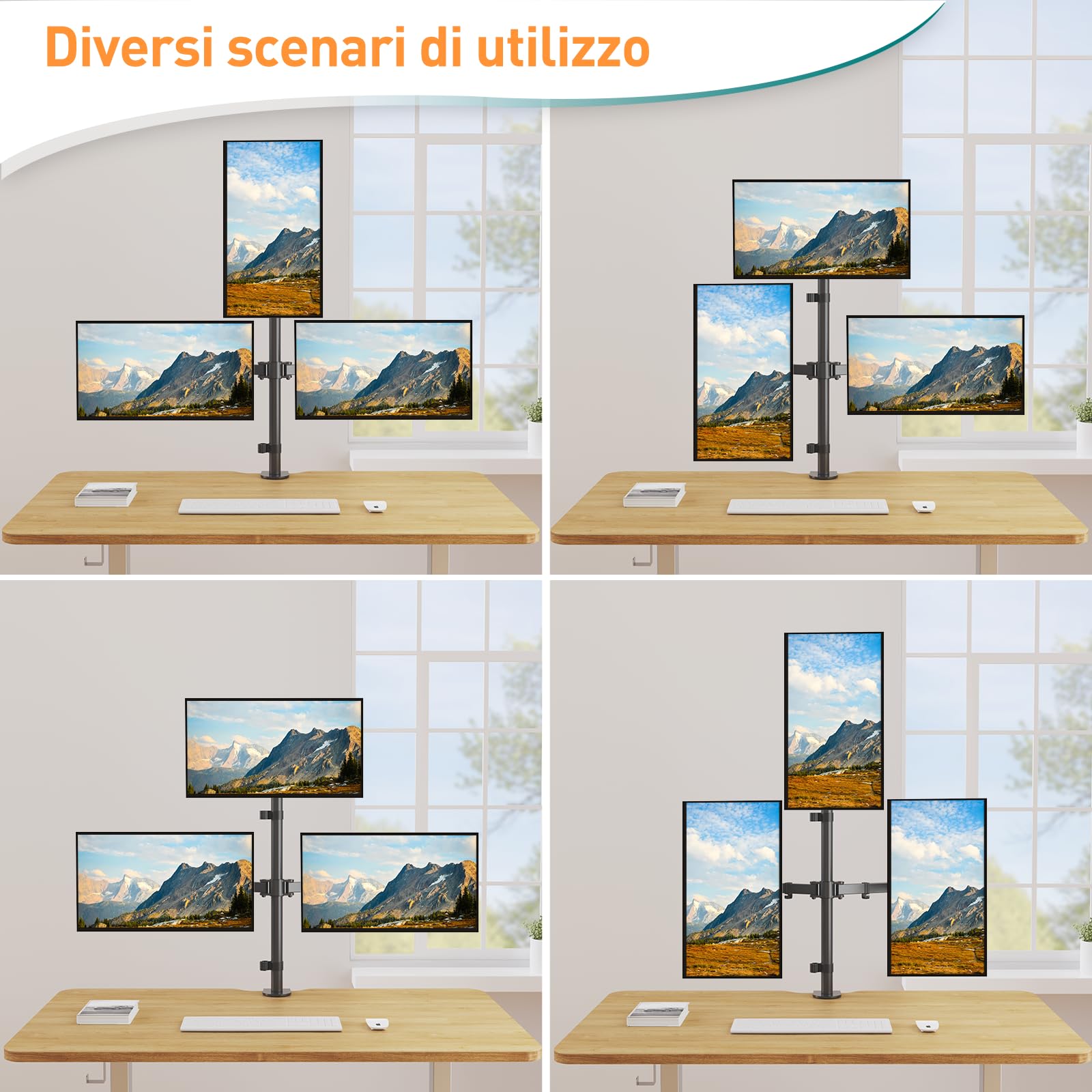 ELIVED Supporto per monitor 3 monitor per schermi da 17 a 32 pollici, braccio a tre monitor, altezza regolabile, asta alta 80 cm, max. 8 kg per braccio, VESA 75/100 mm, EV4013