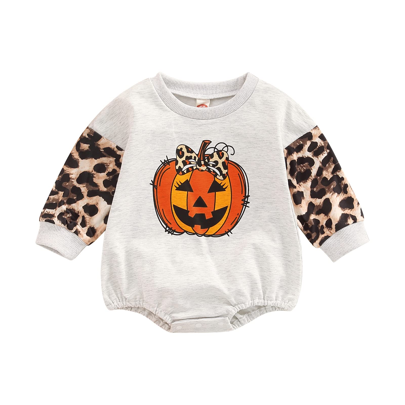 Baby Girl Boy Halloween Outfit Crewneck Sweatshirt Romper Color Block Sleeve Pumpkin Oversized Sweater Top Fall Clothes (Leopard Pumpkin-Gray,0-3 Months)
