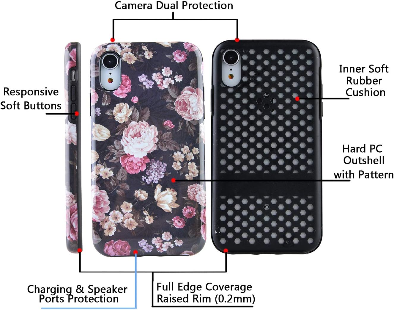 Dimaka Case for iPhone XR,Dual Layer Cute Floral Leef Peony Flower Design for Girls,Hybrid Shockproof Hard PC Soft TPU High Impact Protective Case for iPhone XR(2, iPhone XR)