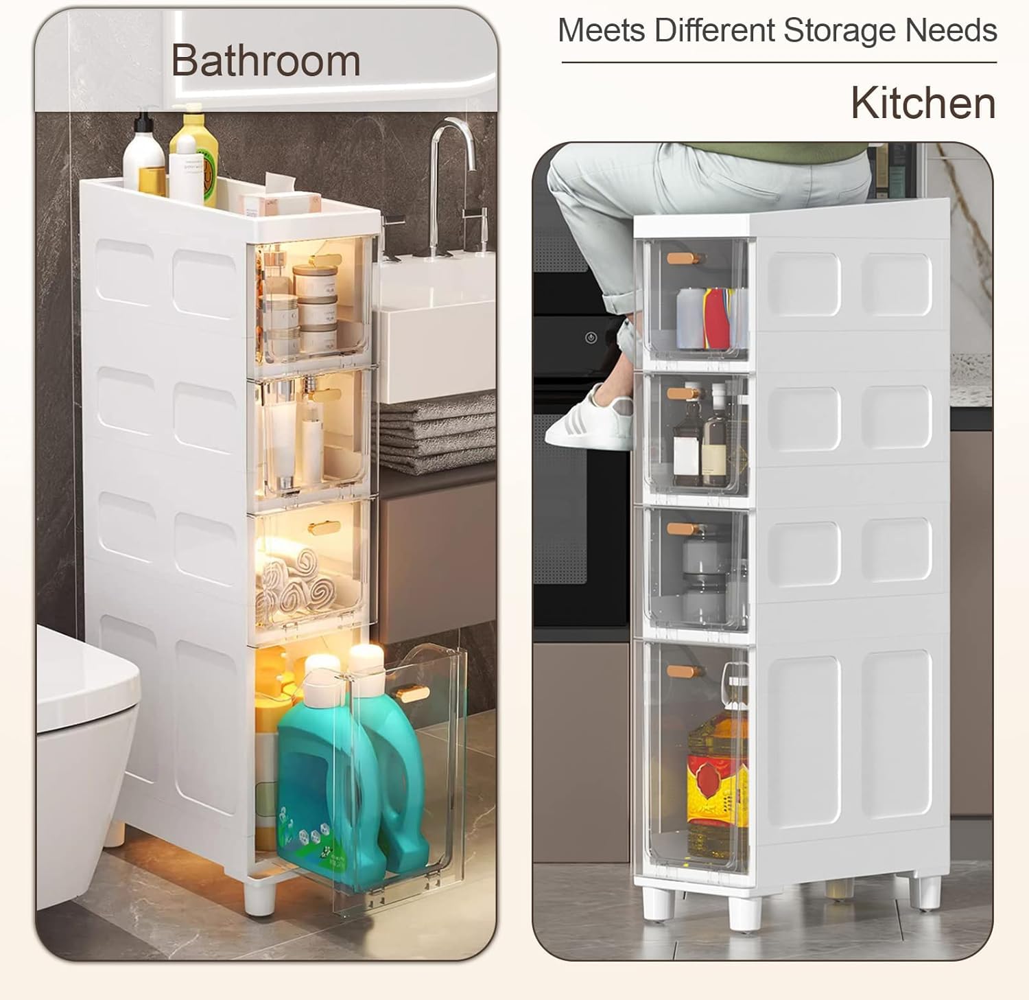 Cassettiera in plastica con ruote, carrello con 4 cassetti per organizzare bagno, camera da letto, ufficio e soggiorno