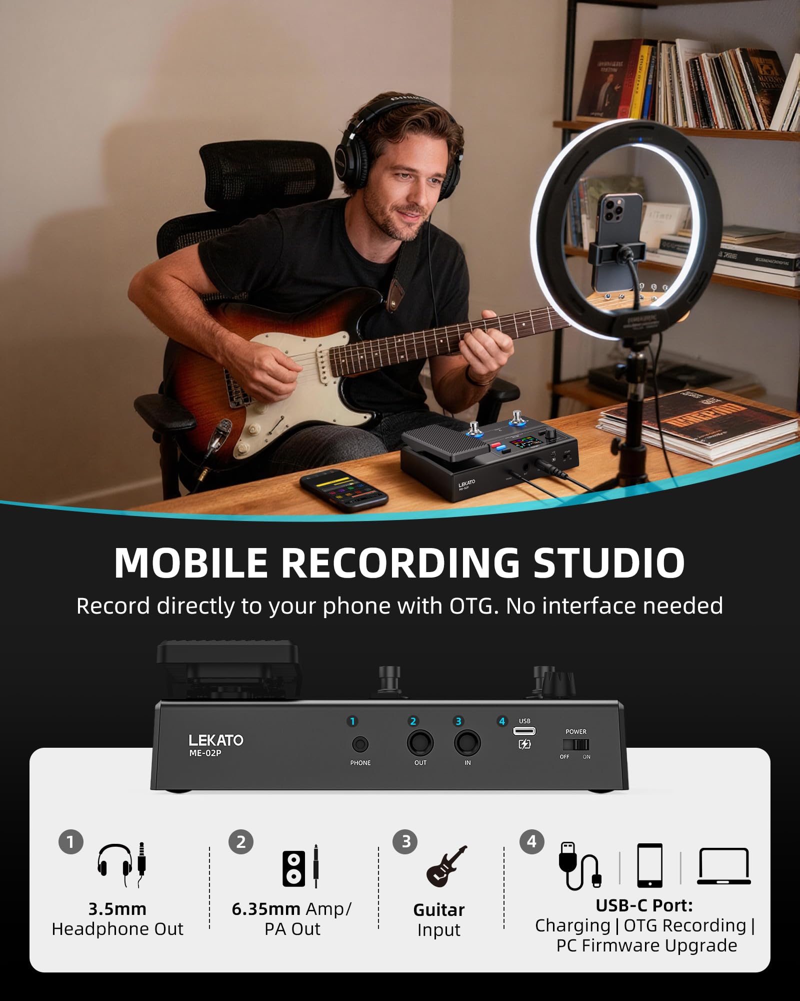 LEKATO Pedal multiefectos de guitarra con pedal de expresión, 100 preajustes 40 ritmos de batería, batería de audio de 24 bits 7H, aplicación Bluetooth y carga IR, grabación OTG, salidas de