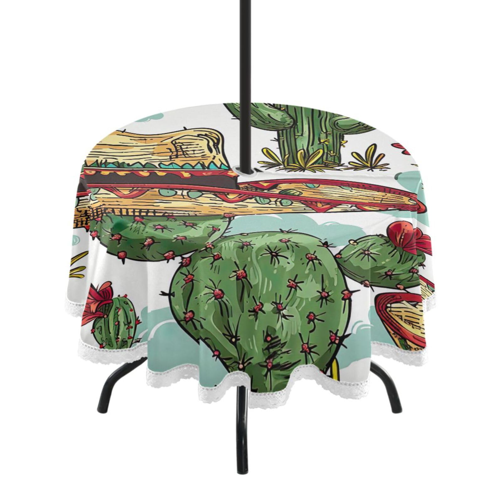 Wajiw 60 Inch Indoor Outdoor Round Tablecloth with Umbrella Hole and Zipper Waterproof Patio Table Cover for Camping Dining Room Party Outdoor Picnic,Cactus