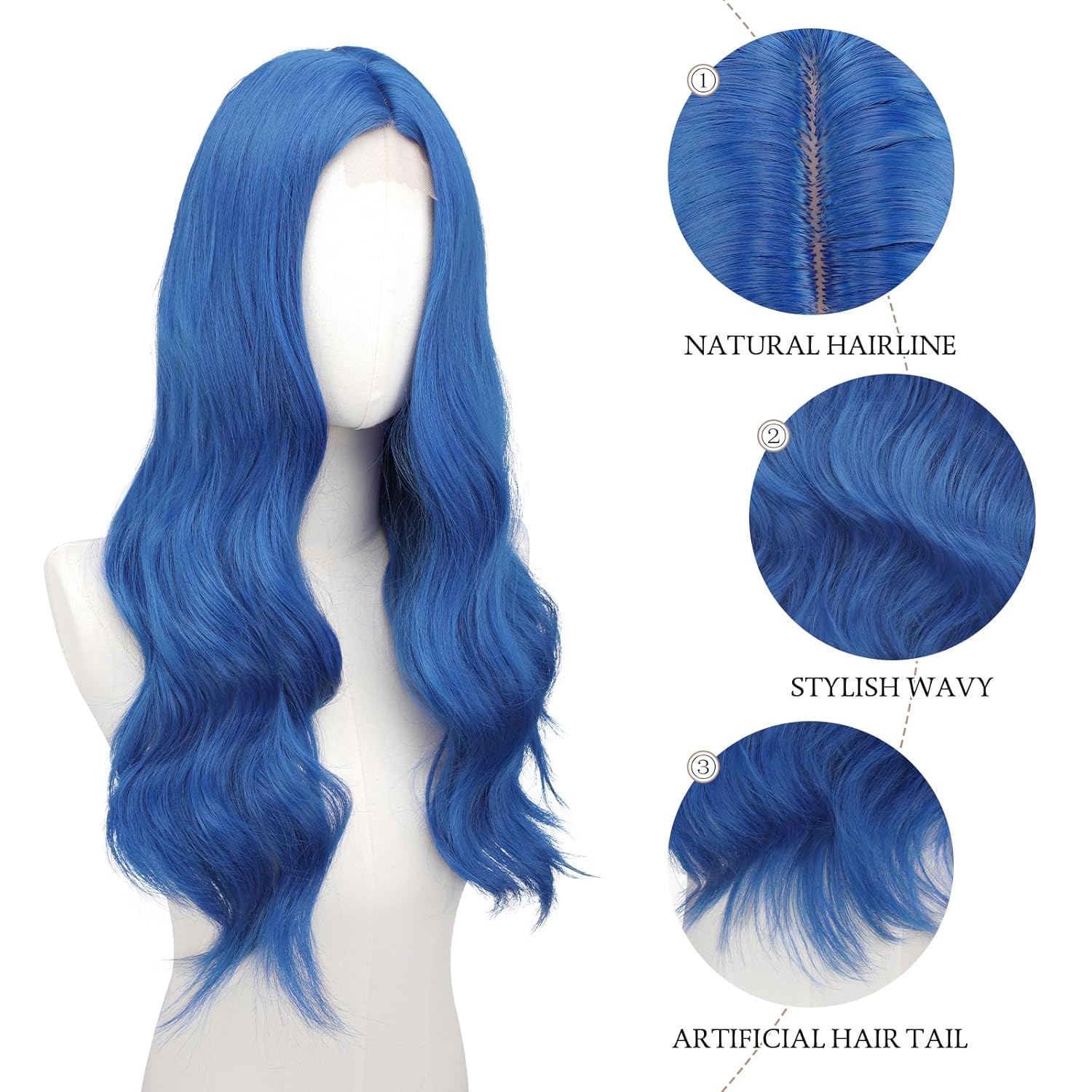 FESHFEN Long DarkBlue Wigs for Women, 24 inch Lace Front Hairline Middle Parting Synthetic Wavy Wig for Daily Party