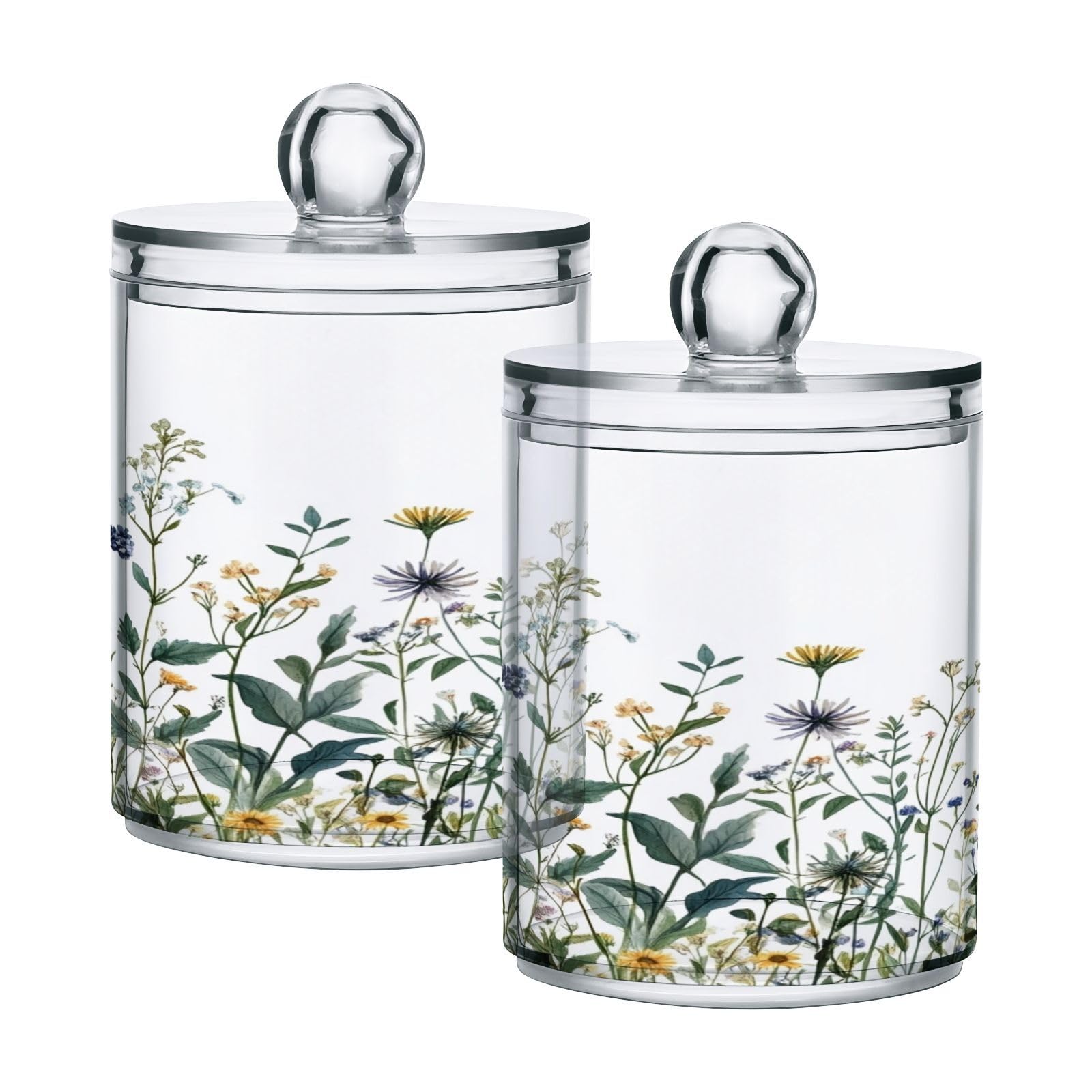 Haskirky 2 Pack Wildflowers Qtip Holder Dispenser,Clear Plastic Apothecary Jars with Lids Home Decor Kitchen Storage Jar for Cotton Ball, Cotton Swab,Floss,10 OZ