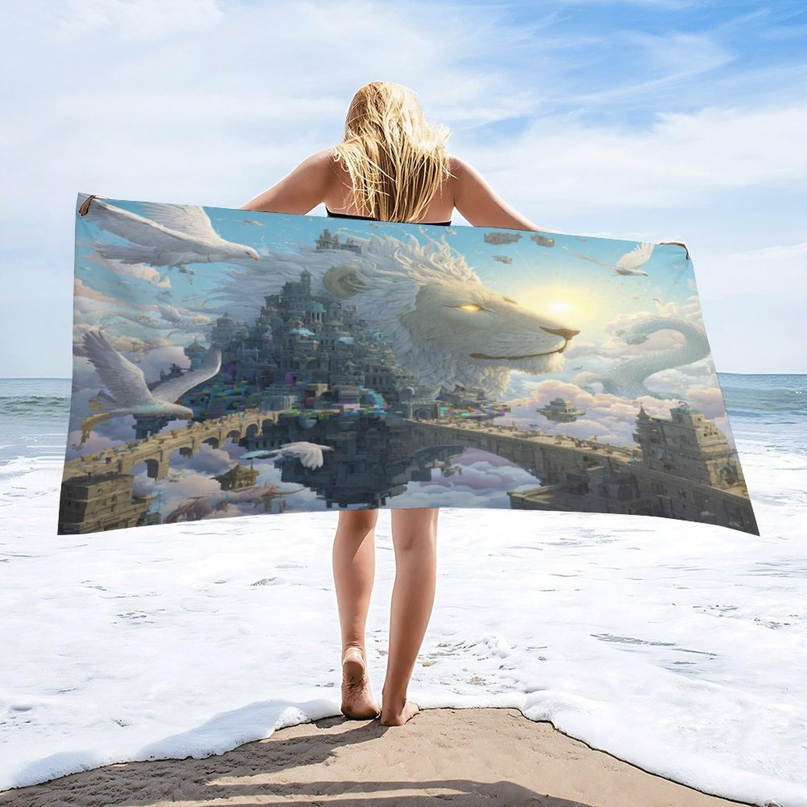 LUYYSKY Colorful Beautiful Fantasy Dragon Quick-Drying Beach Towel, Vintage Rustic Sunrise Enchanted Castle Animal Bird Lion Travel Vacation Single Sided Pile Bathroom Towels-80 W cm x 160" L cm