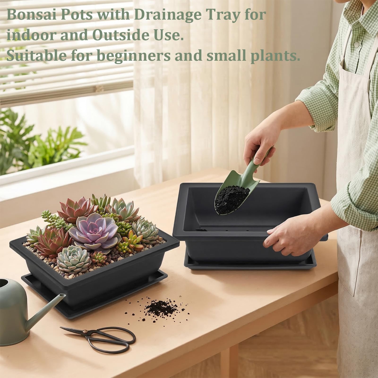 Set Of 6 Bonsai Training Pots With Tray Square Plastic Flowerpot