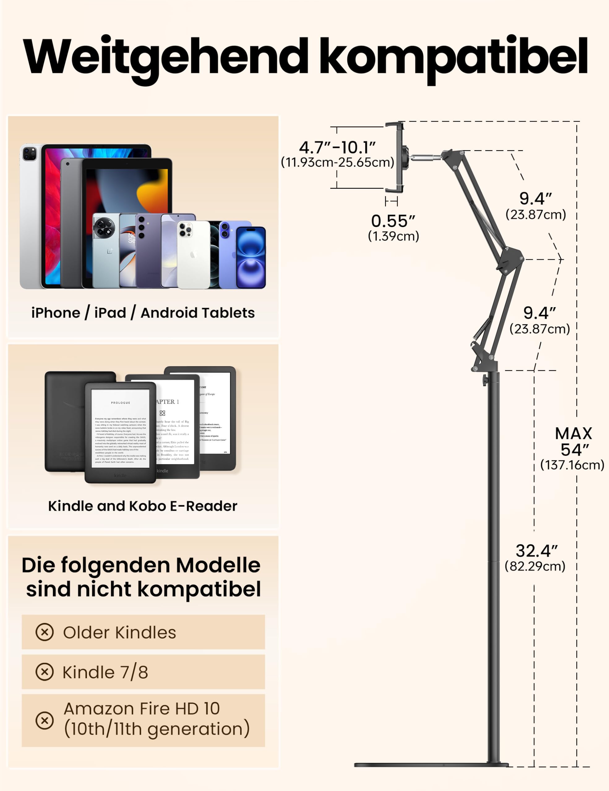 VOLTIFYMAX Tablet Bodenständer mit Kindle Fernbedienung, Verstellbarer Tablet Halterung für Kindle zubehör Paperwhite/Oasis/Kobo, iPad/Pro/Mini, Phone, Samsung Tab, 4.7-13 Zoll (schwarz)