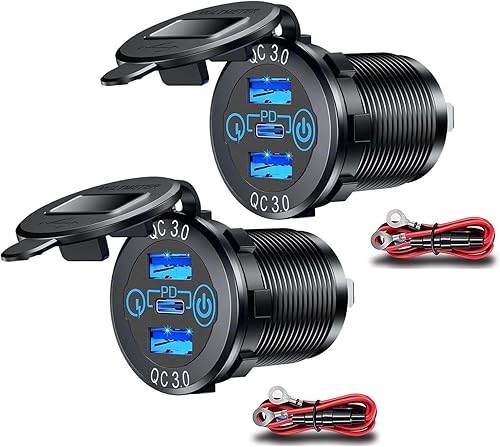 Paquete de 2 enchufes PD tipo C para cargador de automóvil y carga rápida dual 3.0 puertos de aluminio, 60 W USB C triple 12 V enchufe USB de