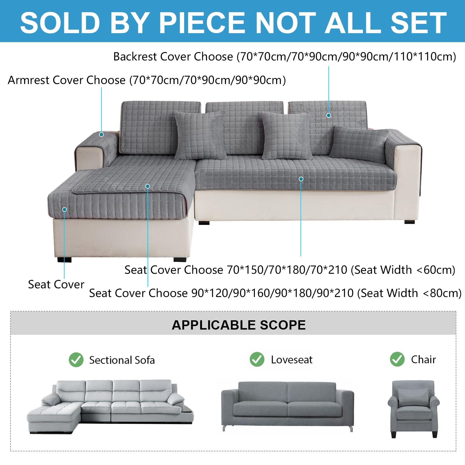 GKXLH Soft Flannel Sofa Covers Washable - New Sofa Cushion Covers, Non-Slip Sofa Cover 1 2 3 Seater Couch Covers for Sectional Sofa, Sofa Slipcovers L Shape Furniture Protector (Grey, 70x150cm) — view 3