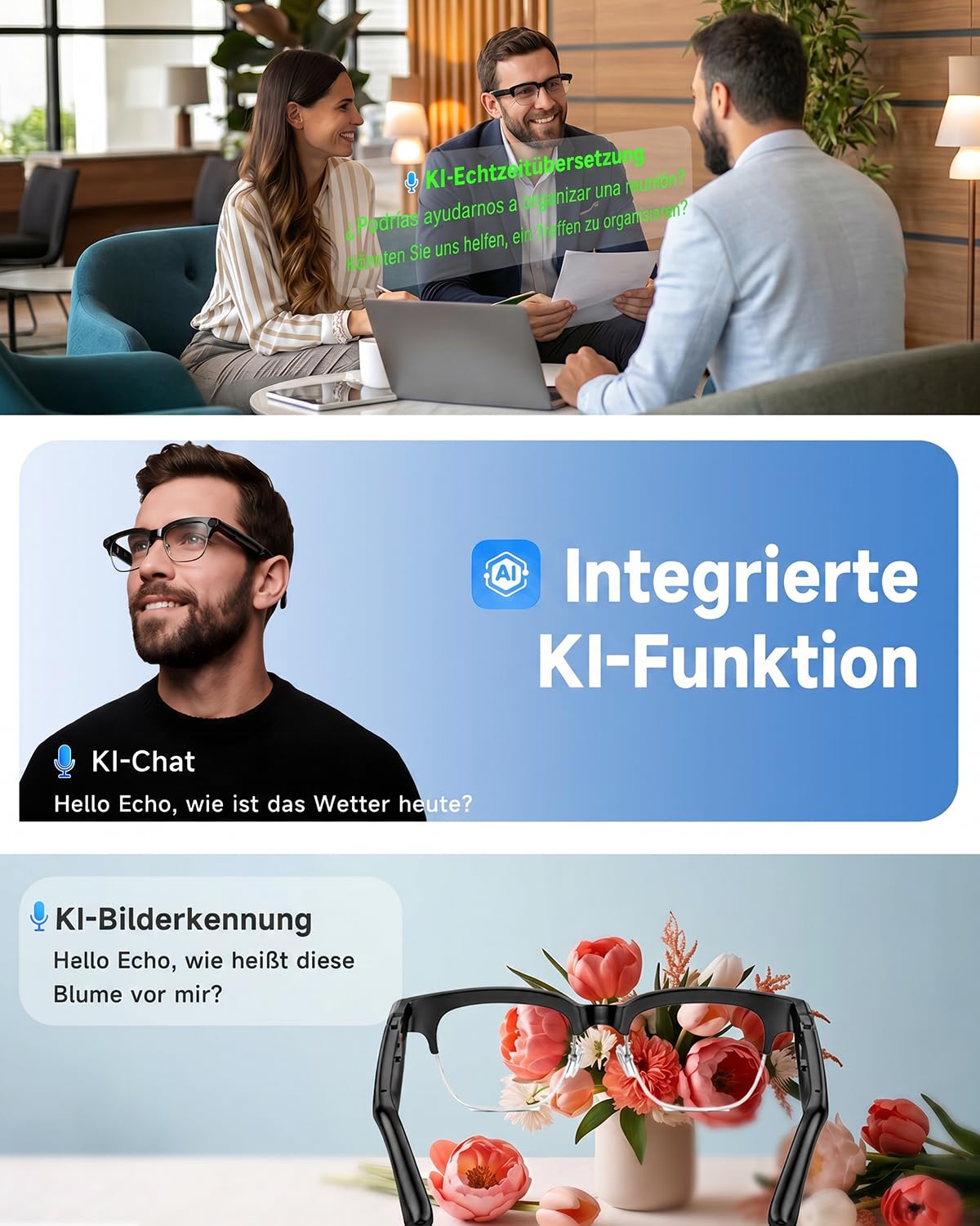 TOOBUR AI Smart Glasses mit 8MP Kamera, 1080P Anti-Shake HD Video, 2 Paar Linsen, Echtzeitübersetzung & Sprachassistent, Bluetooth-Anrufe & Offene-Ohr-Audio für Vlogging, Reisen & Meetings