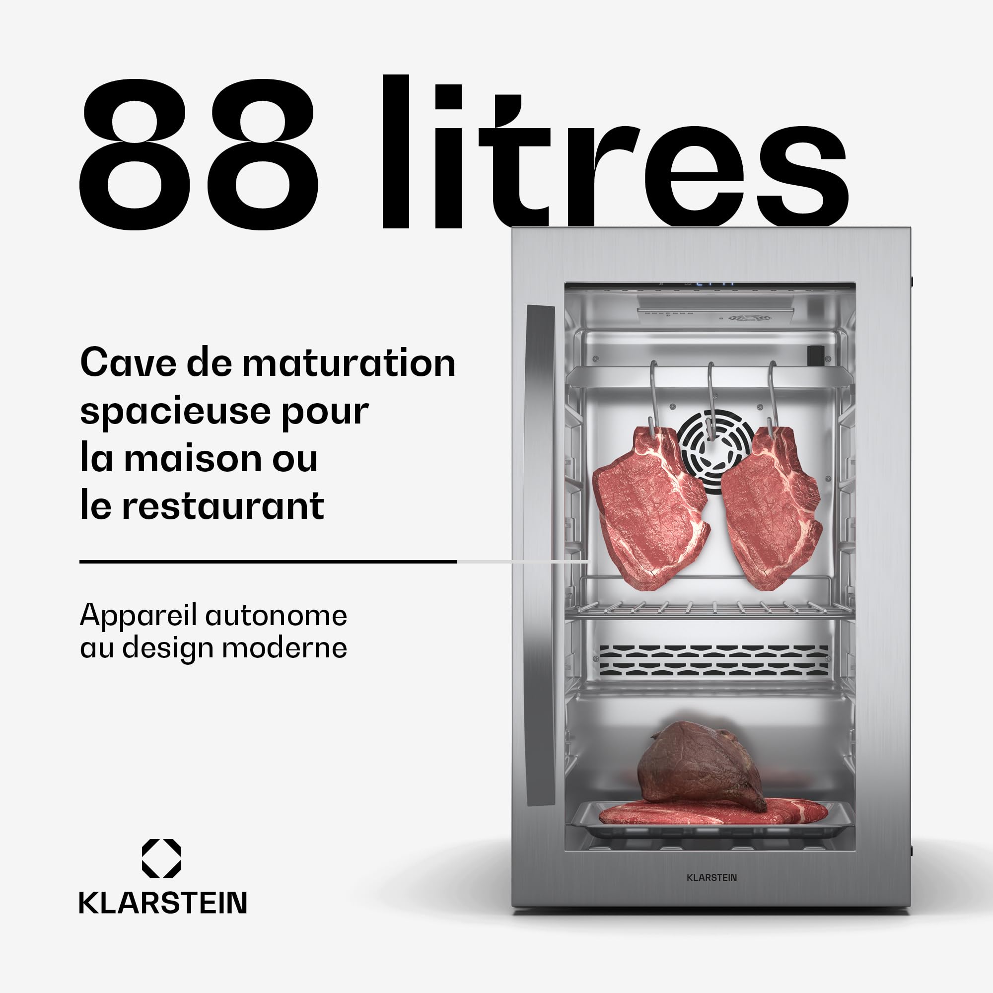 KLARSTEIN Cave de Maturation de Viande, 88L Frigo Vieillissement Viande avec Contrôle Température & Humidité, Éclairage UVC Antibactérien, Panneau Tactile, Porte Double Vitrage, Acier Inoxydable
