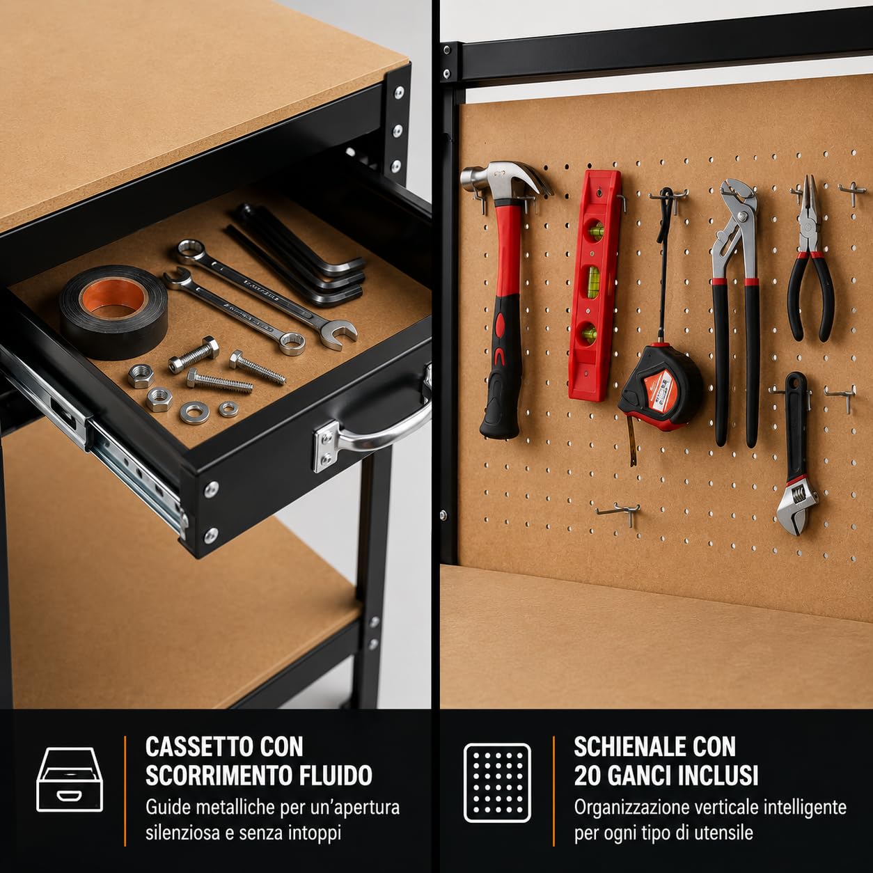 KOMBO - Banco da Lavoro in Alluminio con 2 Ripiani in MDF, 1 Cassetto, Schienale in MDF con 20 Ganci – 91x48x140 cm – Struttura Robusta, Salvaspazio, Ideale per Garage e Officine