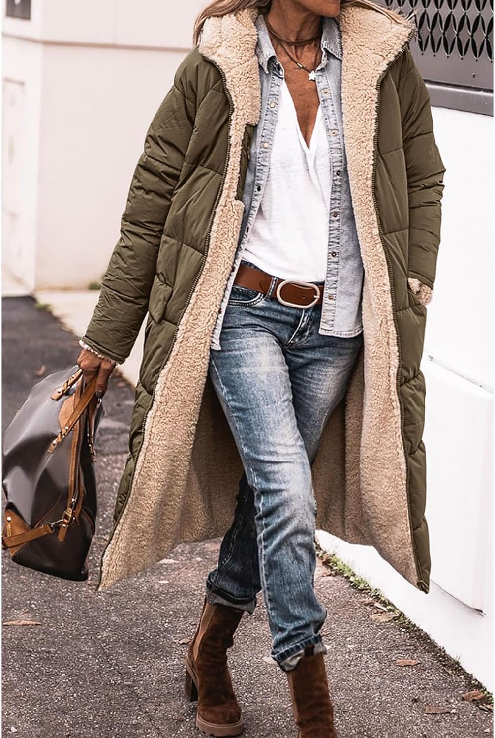 Womens Long Puffer Jacket Reversible Quilted Fleece Coat Zip Up Hooded Jacket Thermal Down Coats Winter Outerwear