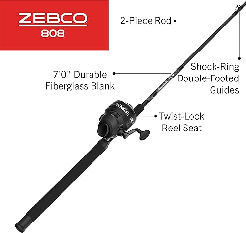 Vista 2 de Zebco 808 Spincast Reel and Fishing Rod Combo, 7-Foot Durable Z-Glass Rod with Extended EVA Rod Handle, Quickset Anti-Reverse with Bite Alert