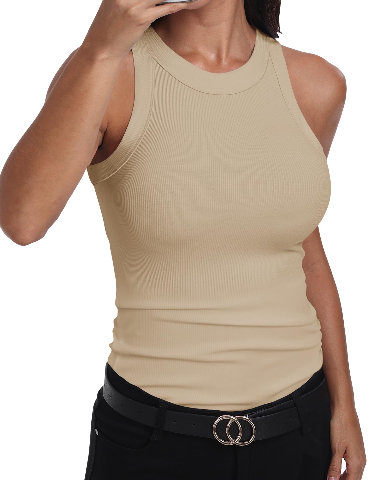 - Womens Sleeveless Racerback High Neck Casual Basic Cotton Ribbed Fitted Tank Top