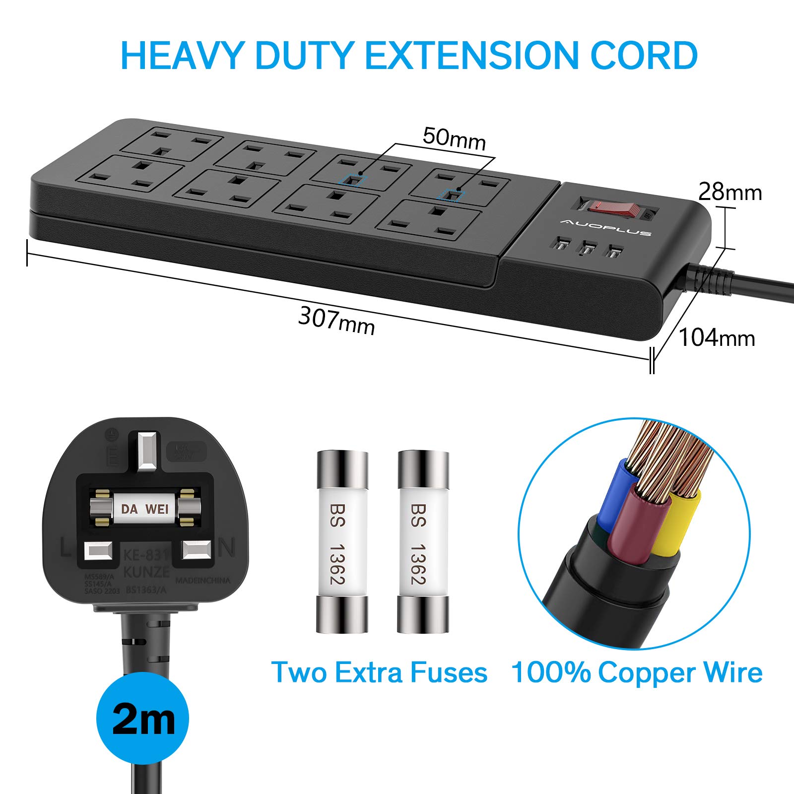 8 Way Extension Lead 2M, AUOPLUS Multi Plug Extension Lead with USB