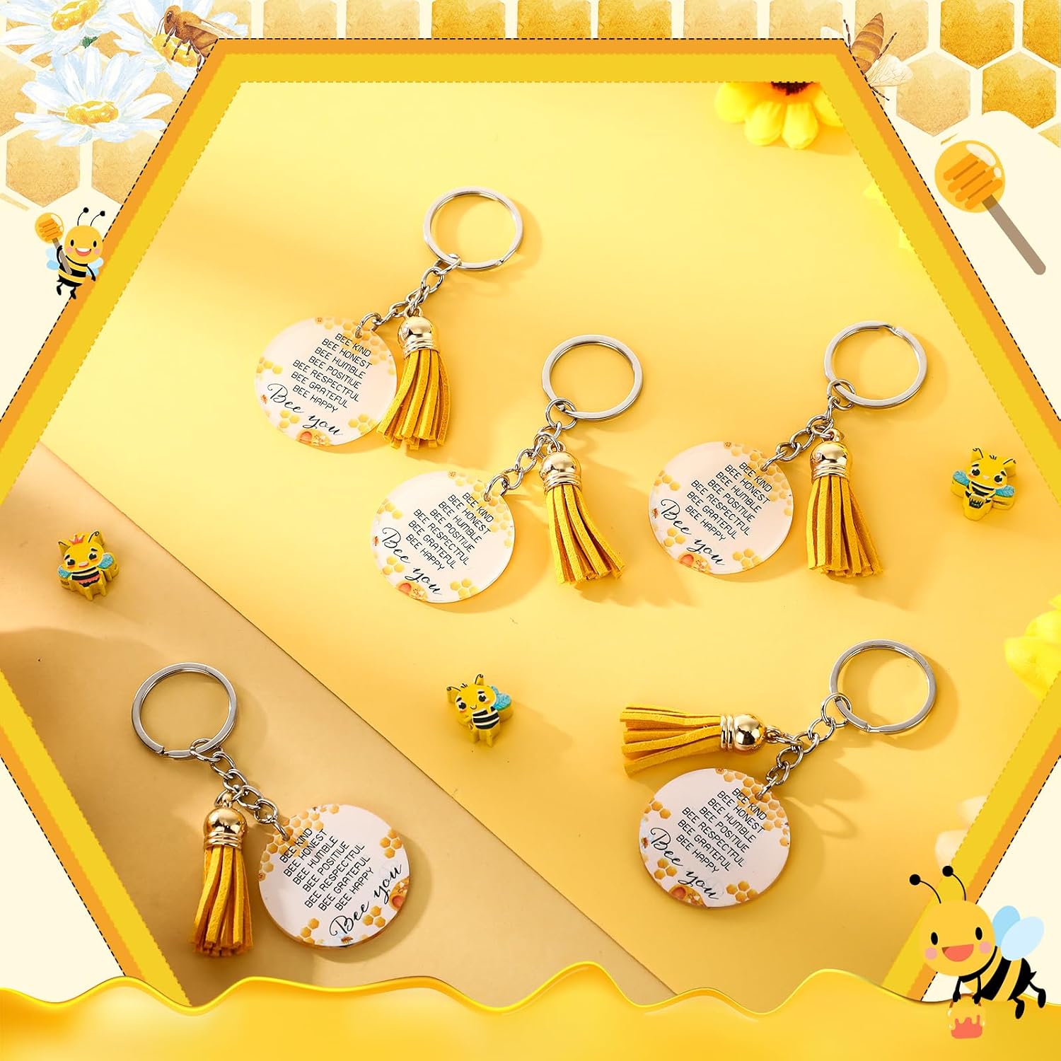 Landical 50 Pcs Bee Keychain Back to School Gift Bulk Inspirational Honey Bee Keychain Keyring Gift for Student Teacher Women Men (Round)