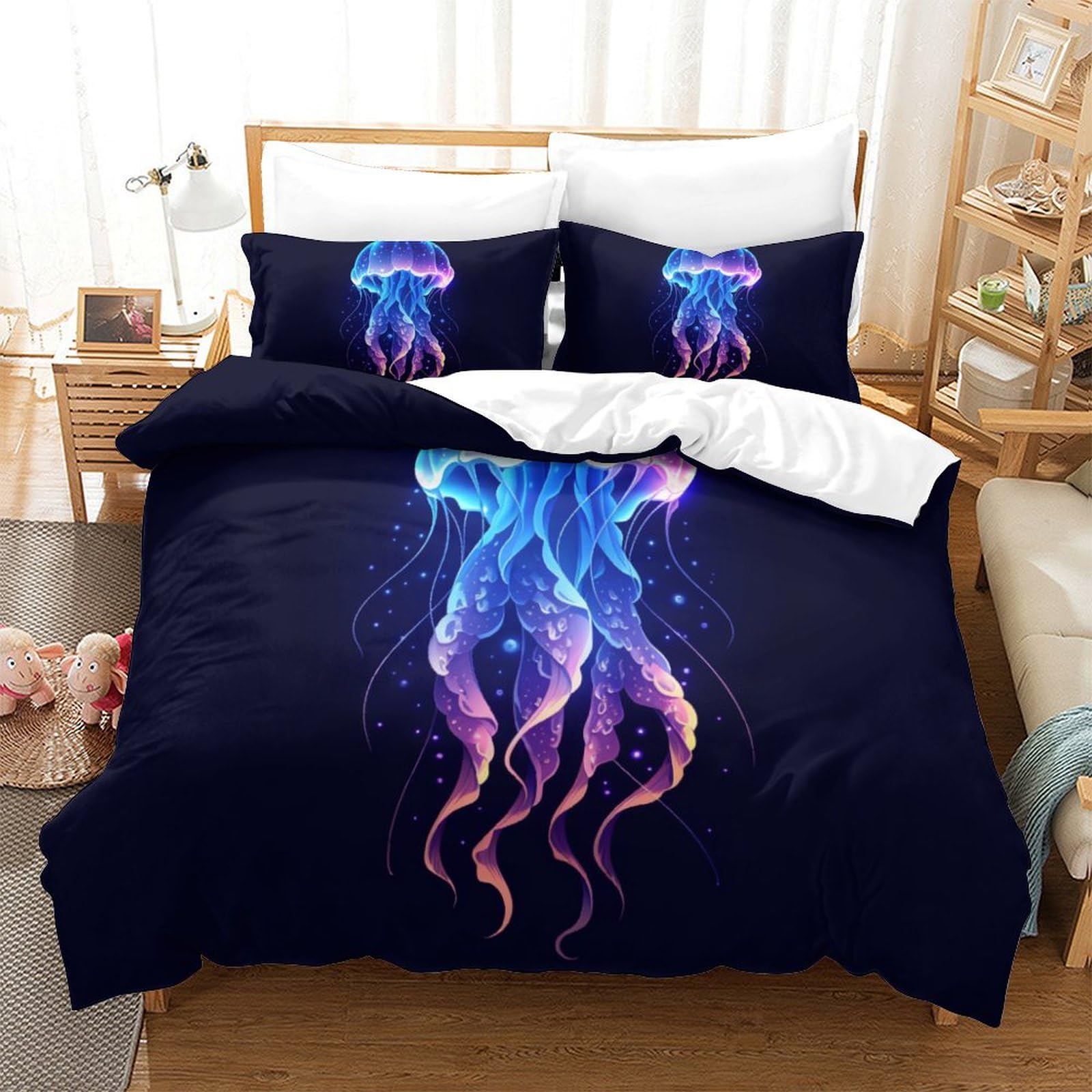 Housse de couette méduses ultra douce et respirante pour lit Super King 260x220cm avec fermeture