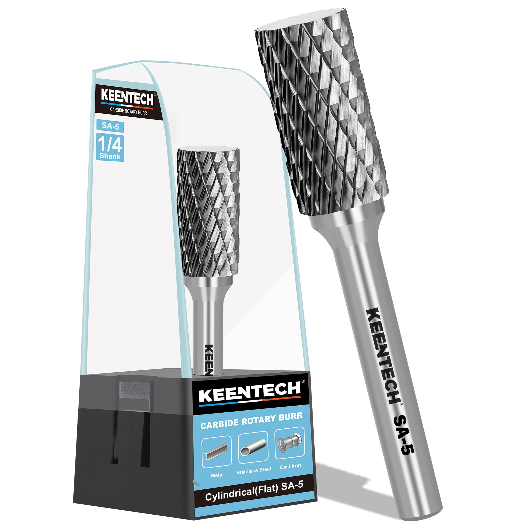 KEENTECH Burr Bits Tungsten Carbide, 1/4" Shank Die Grinder Bit, SA-5 Cutting Burrs with Storage Case, Double-Cut Cylinder Shape Rotary File for Hard