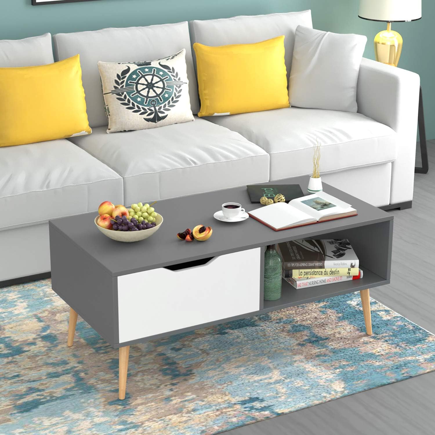 pic Modern Style Modern Living Room Coffee Table homfa coffee tables for living room tv stand wooden console table sofa side table 2 tier with storage shelf and 1 drawer modern furniture for home